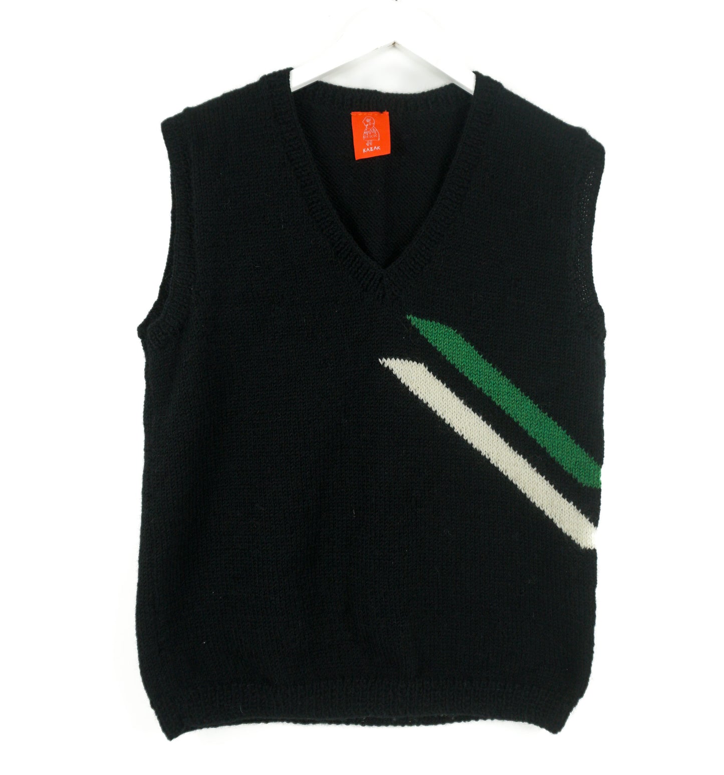 Black sweater vest with green and white stripe on a white background