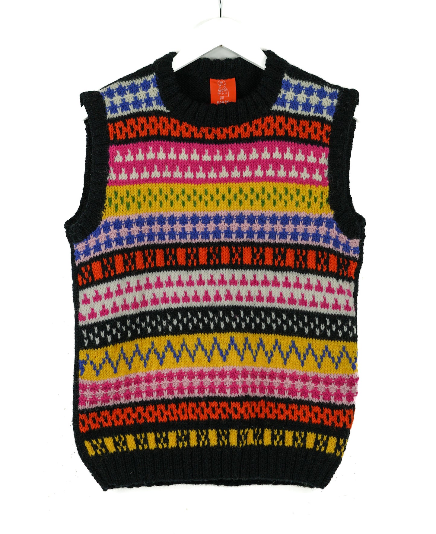 Black Heritage patterned knitted colourful Vest, white back ground