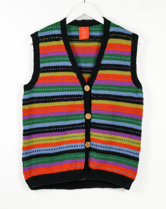 Black Sleeveless cardigan with neon colours and yellow buttons on a white back ground