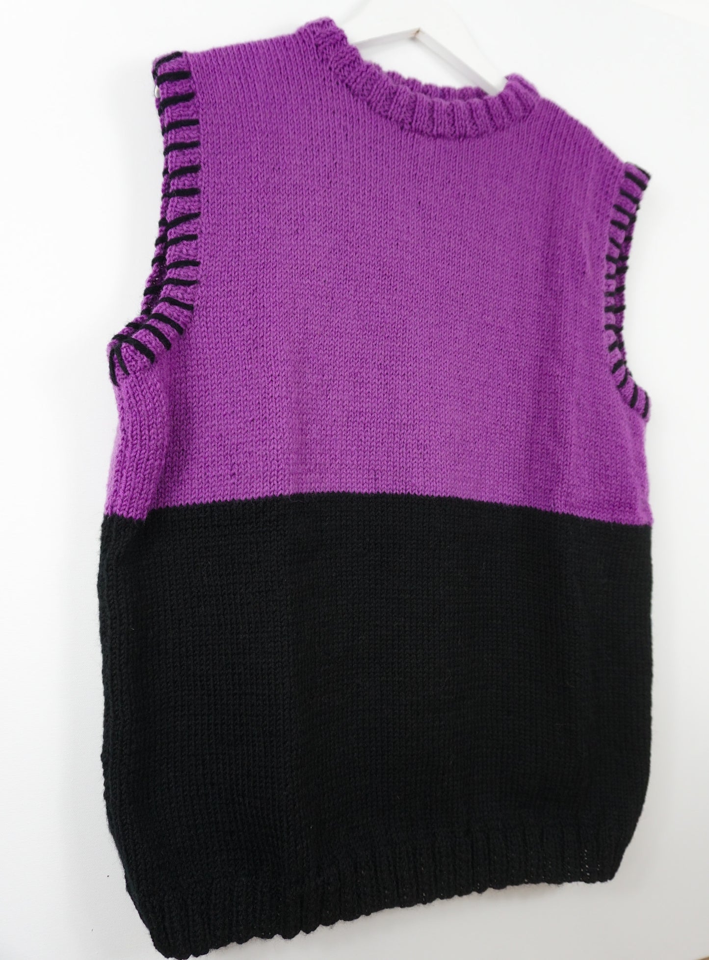 pure wool hand knitted one off Black Purple Duo Vest
