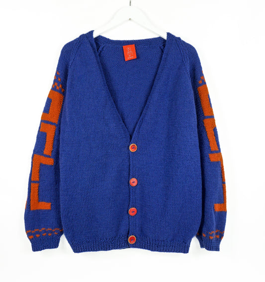 Blue Long Sleeve Pure Wool Cardigan with unique pattern, hand knitted with skateboard recycled hand made buttons