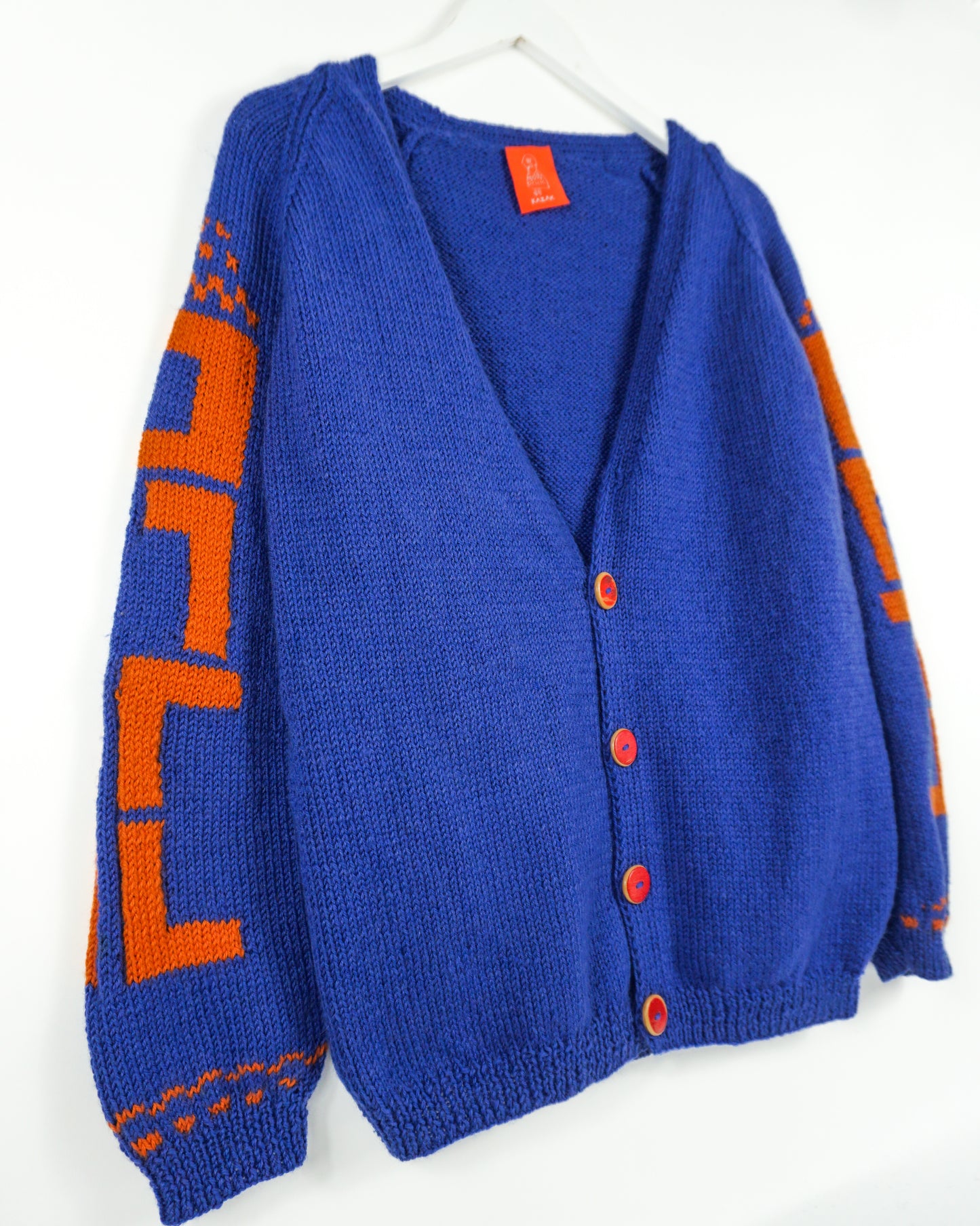 Blue Long Sleeve Pure Wool Cardigan with unique pattern, mediumn fit with hand knitted with skateboard recycled hand made buttons