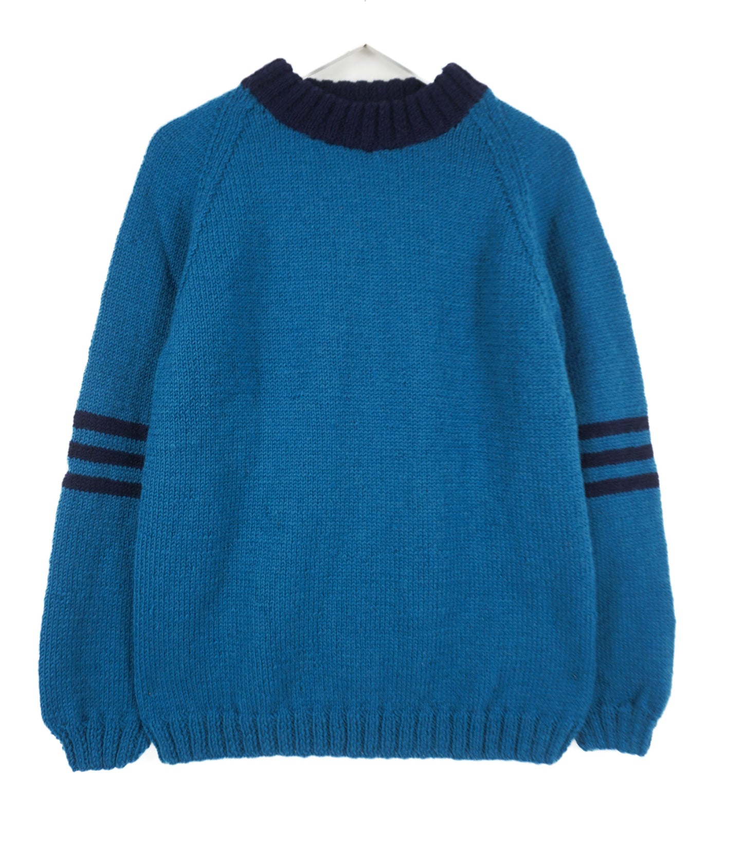 Blue Mock Neck Pure Wool Jumper with dark blue neck, one off design hand knitted from London brand