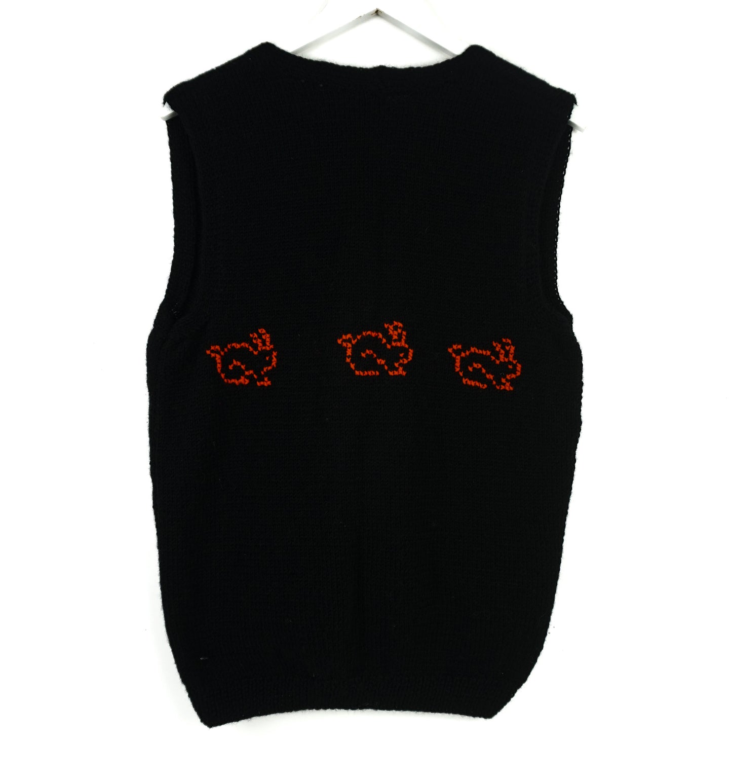 Pure wool Black sleeveless Cardigan vest with unique illustration on, hand knitted vest , pure wool vest, one off from London brand