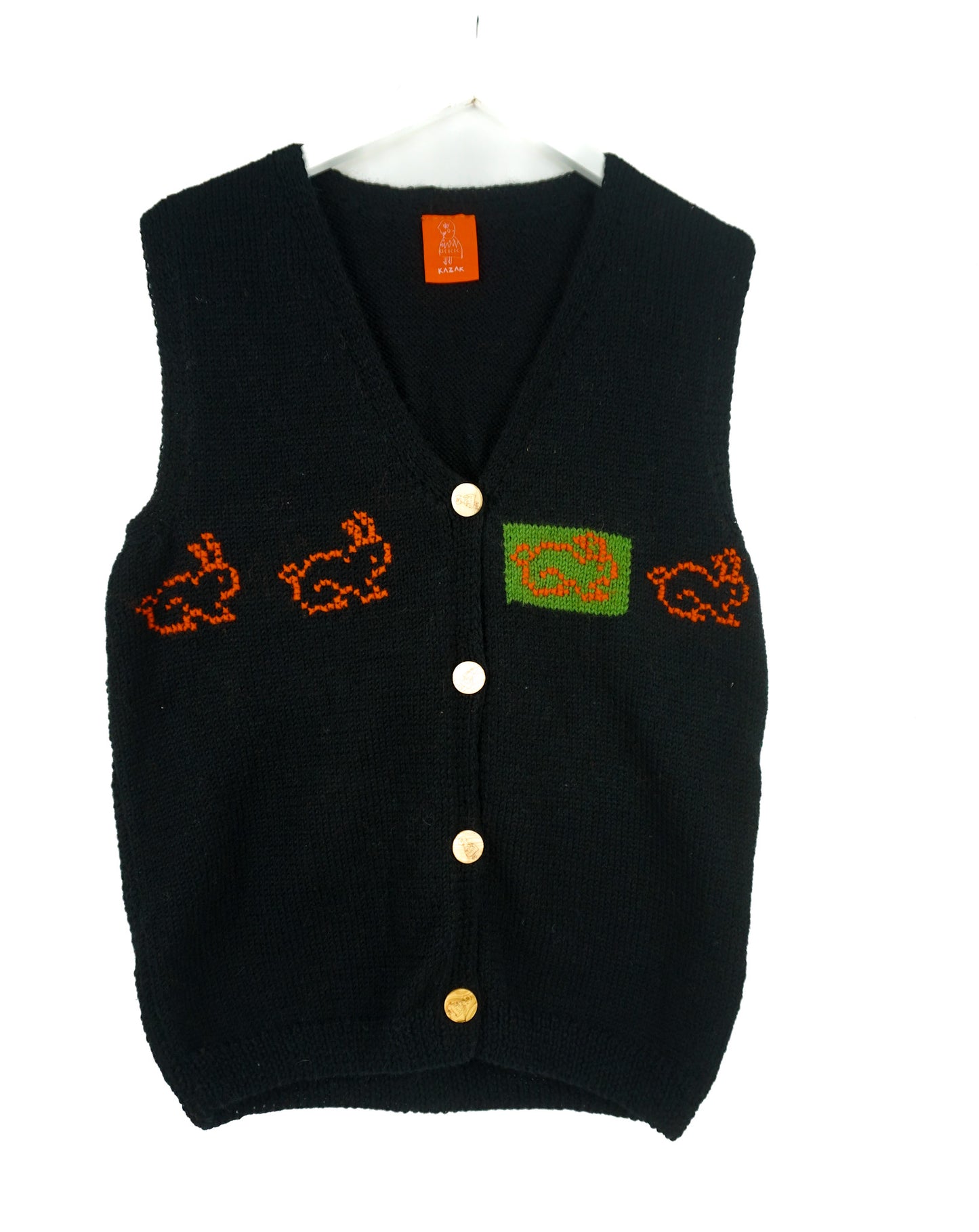 Pure wool Black sleeveless Cardigan vest with unique illustration on, hand knitted vest , pure wool vest, one off from London brand