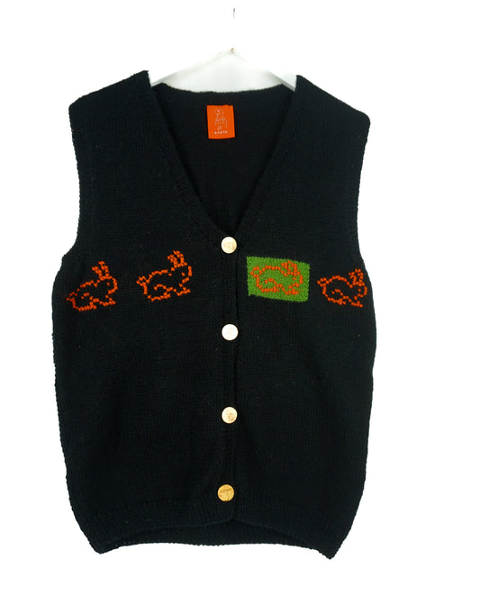 Pure wool  Black sleeveless Cardigan vest with unique illustration on, hand knitted vest , pure wool vest, one off from London brand