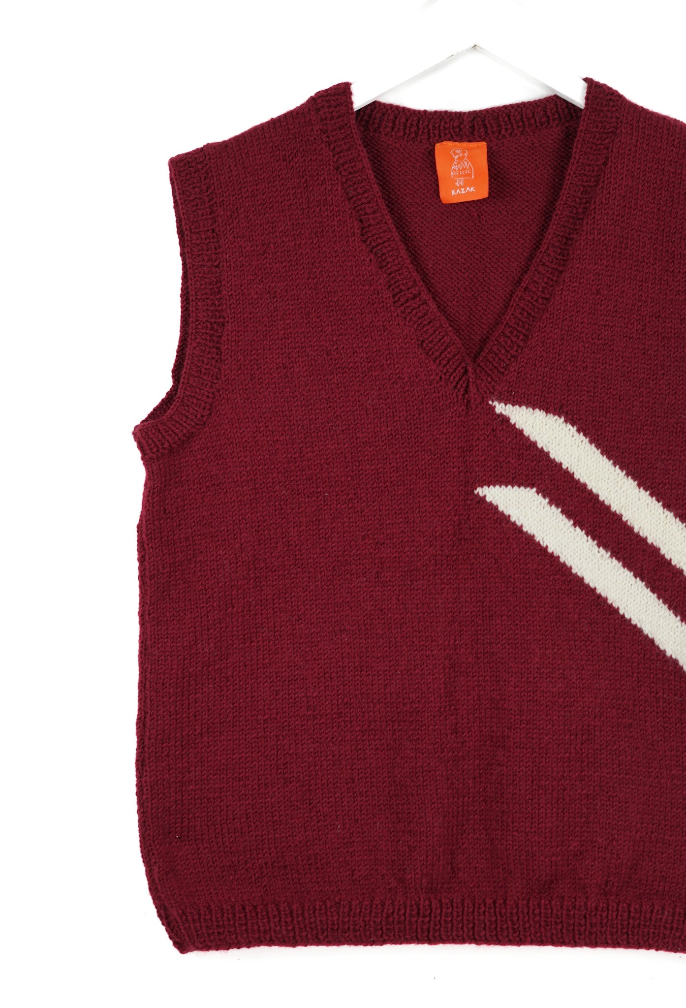 Burgundy pure wool vest with stripes, hand knitted one off vest from an east London brand