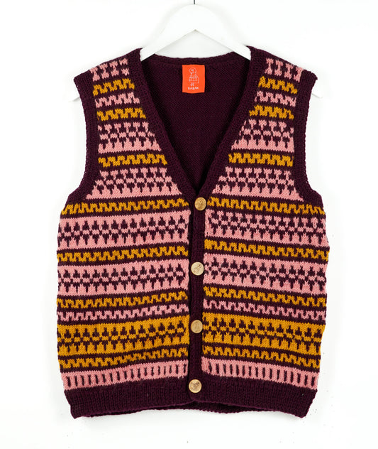 Burgundy Patterned Sleeveless Cardigan, colorful design on a white background