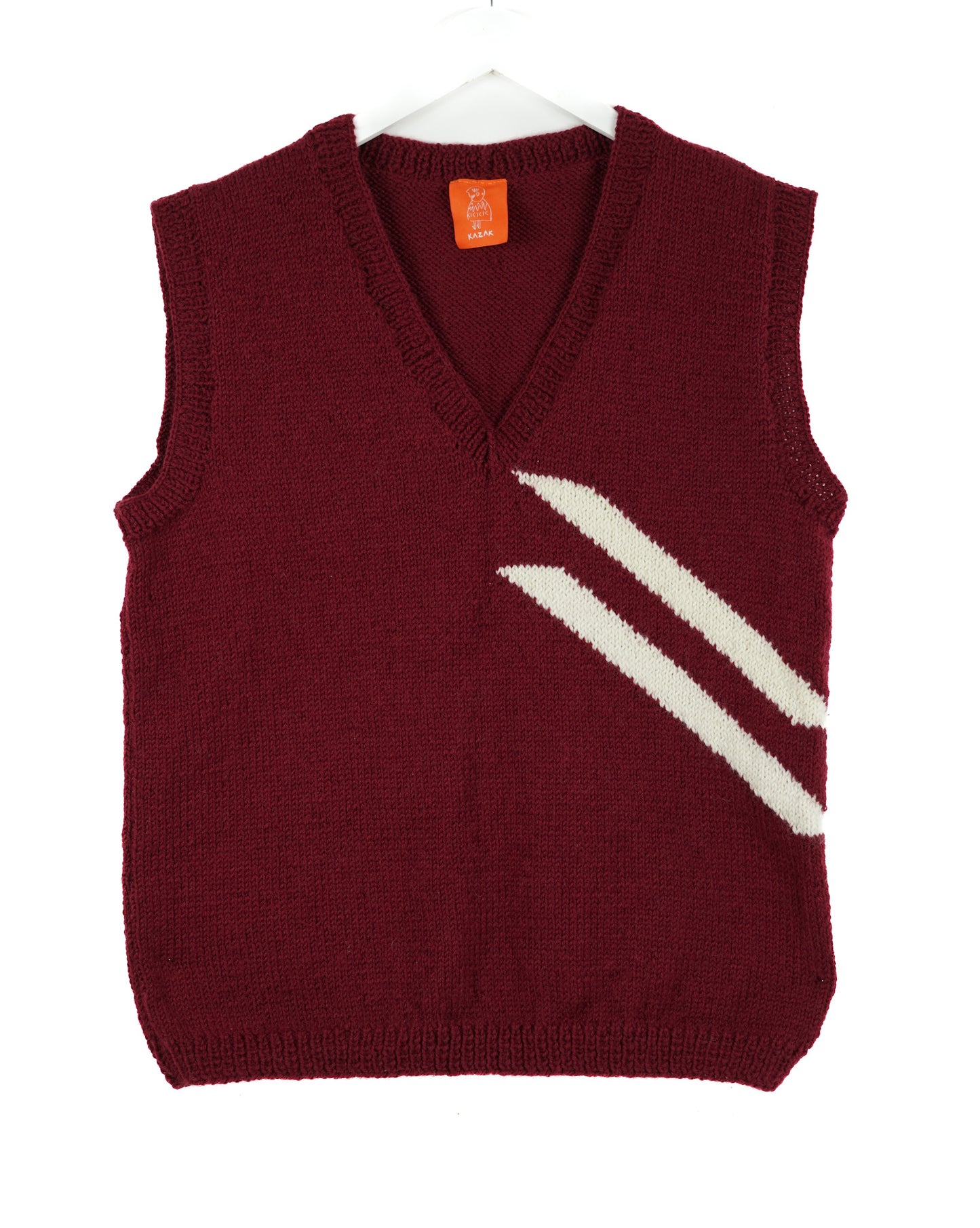 Burgundy pure wool vest with stripes, hand knitted one off vest from an east London brand