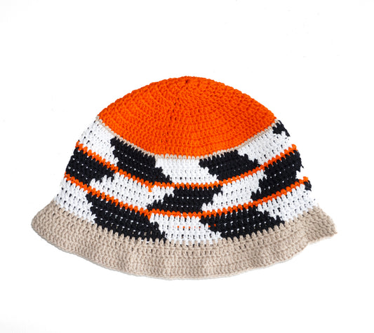 Hand Crochet cotton hat with orange black checkered patterns on it, Glastonbury fashion, one off cotton hat