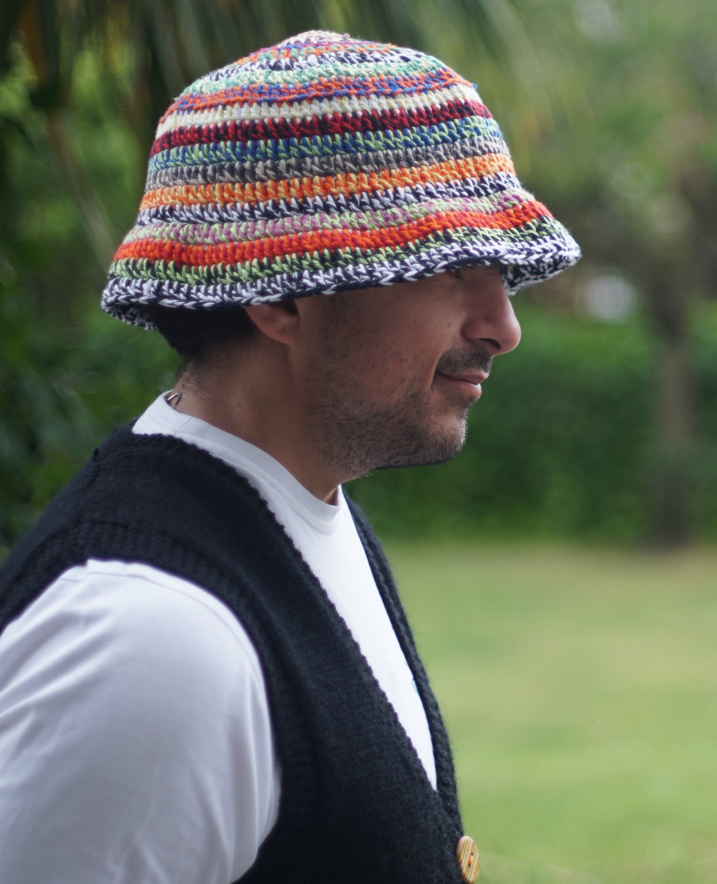 Hand crochet cotton hat with colourfull multiple stripes, one off cotton hat, glastonbury fashion