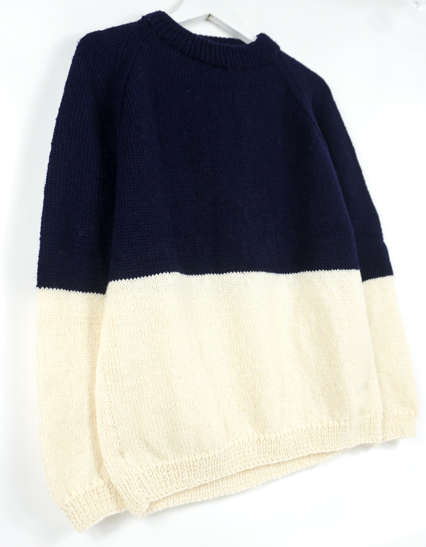 Dark Blue and White duotone hand knitted jumper, one off design from an East London brand