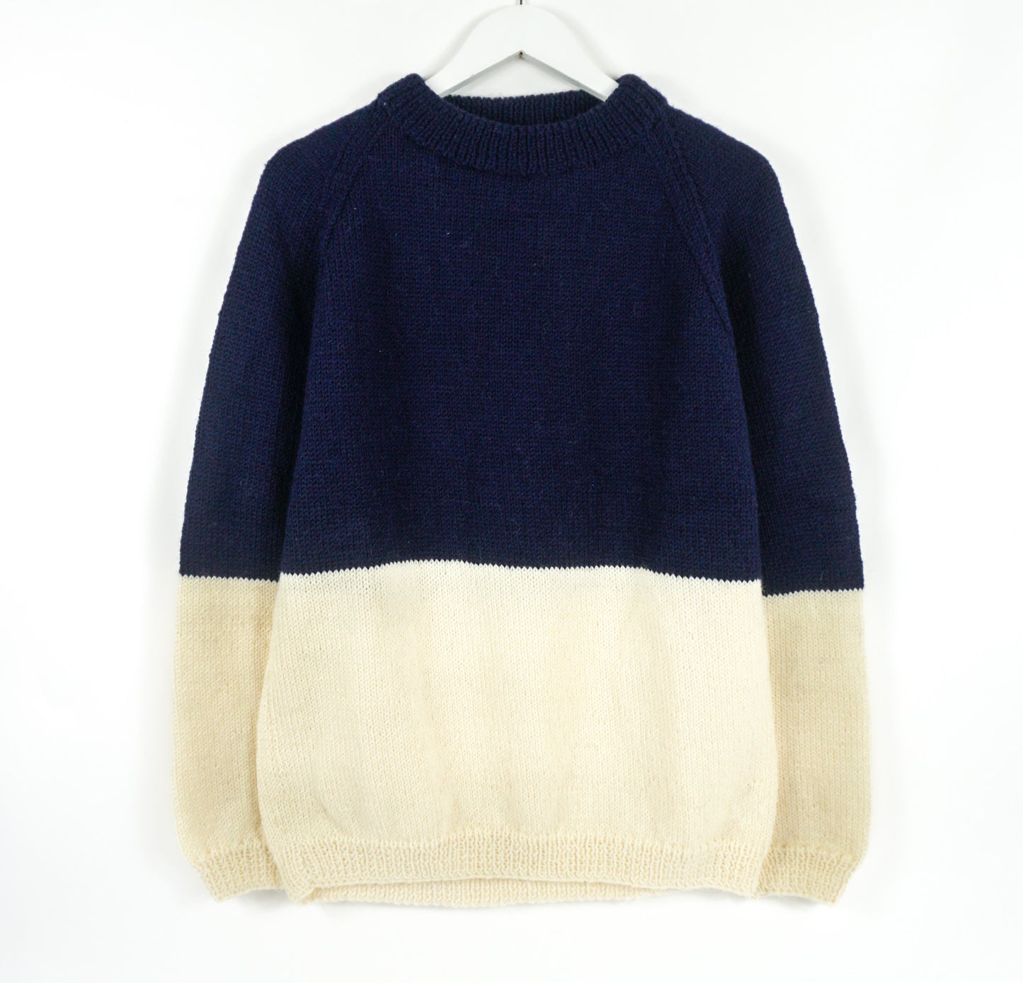 Dark Blue and White duotone hand knitted jumper, one off design from an East London brand