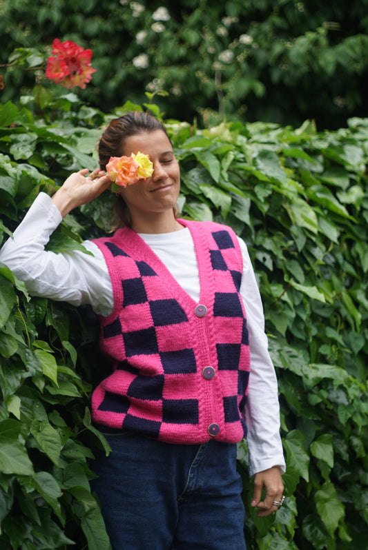 Pure Wool Dark Pink Checkered Vest, model posing with Dark Pink Checkered Vest, one off vest