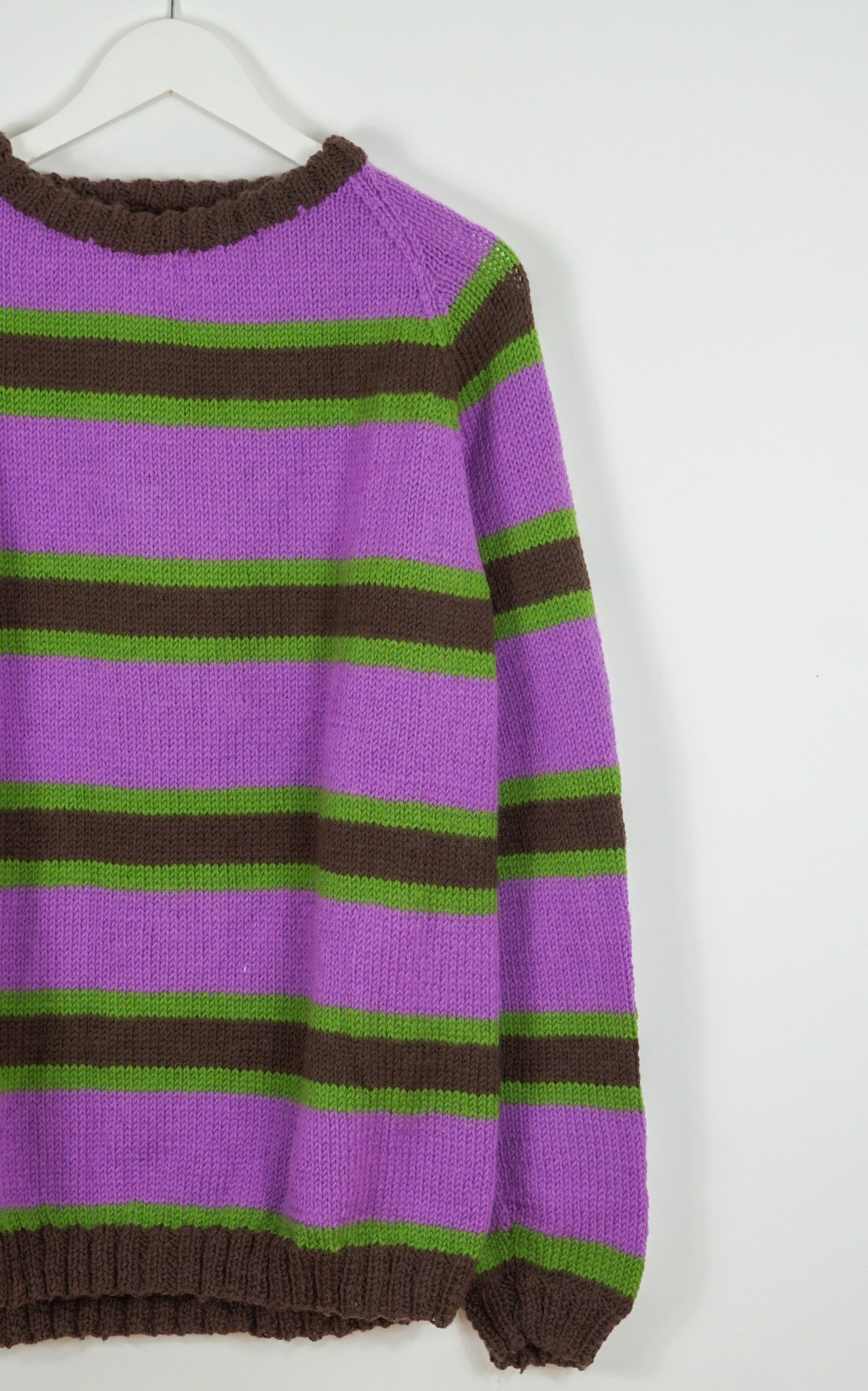 pure wool hand knitted one off Earthy Striped Jumper green brown