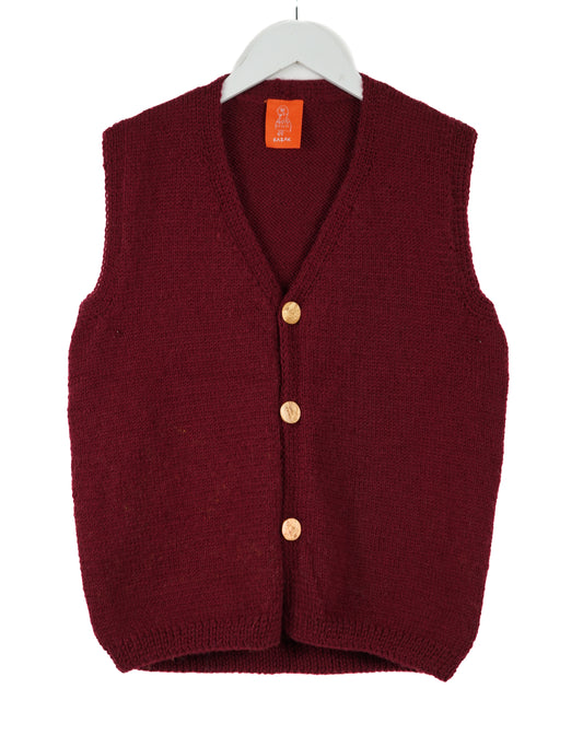 Maroon Sleeveless Cardigan with yellow buttons on it on a white background