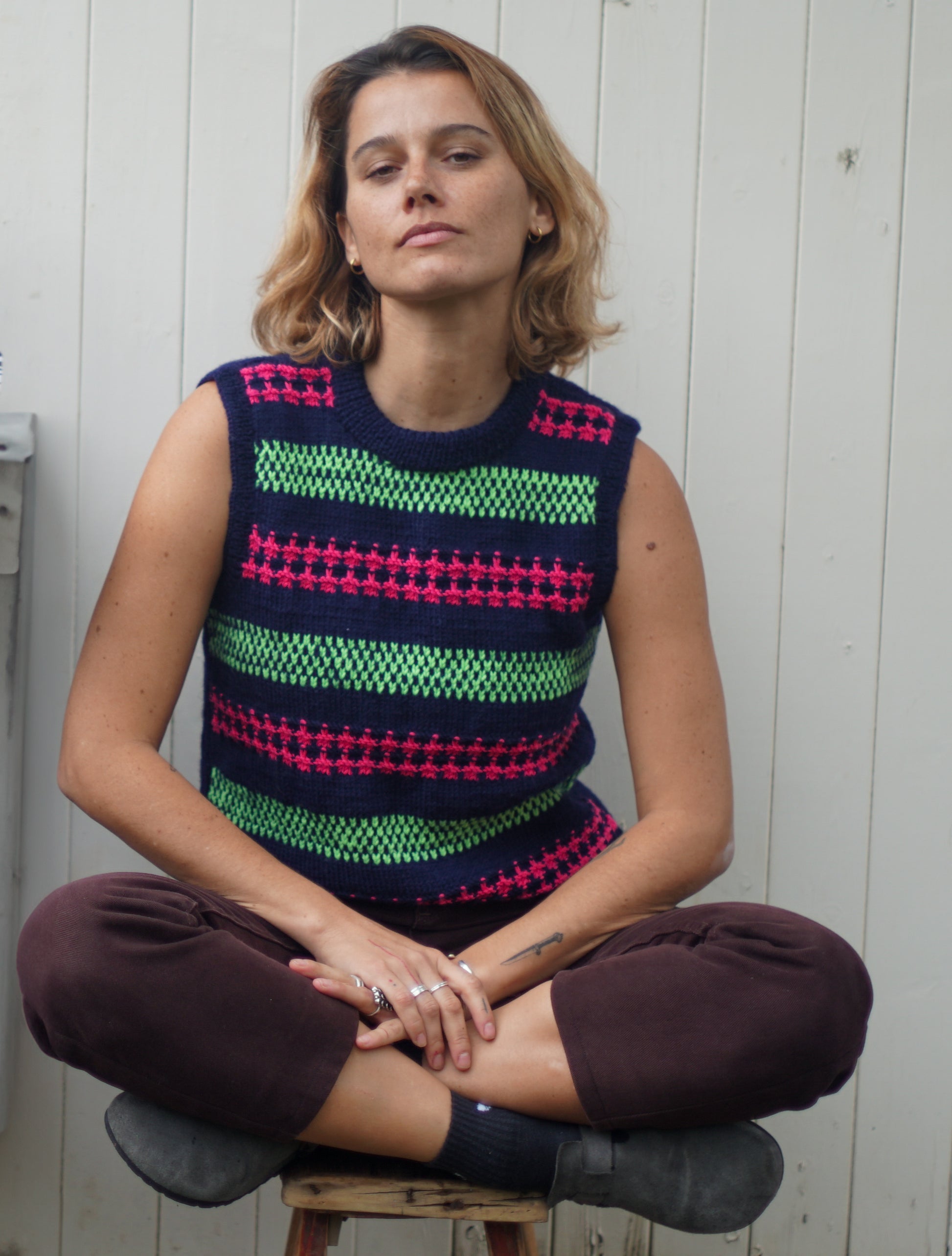 Fair Isle style Green Pink patterned Vest, hand knited and one off from a London brand