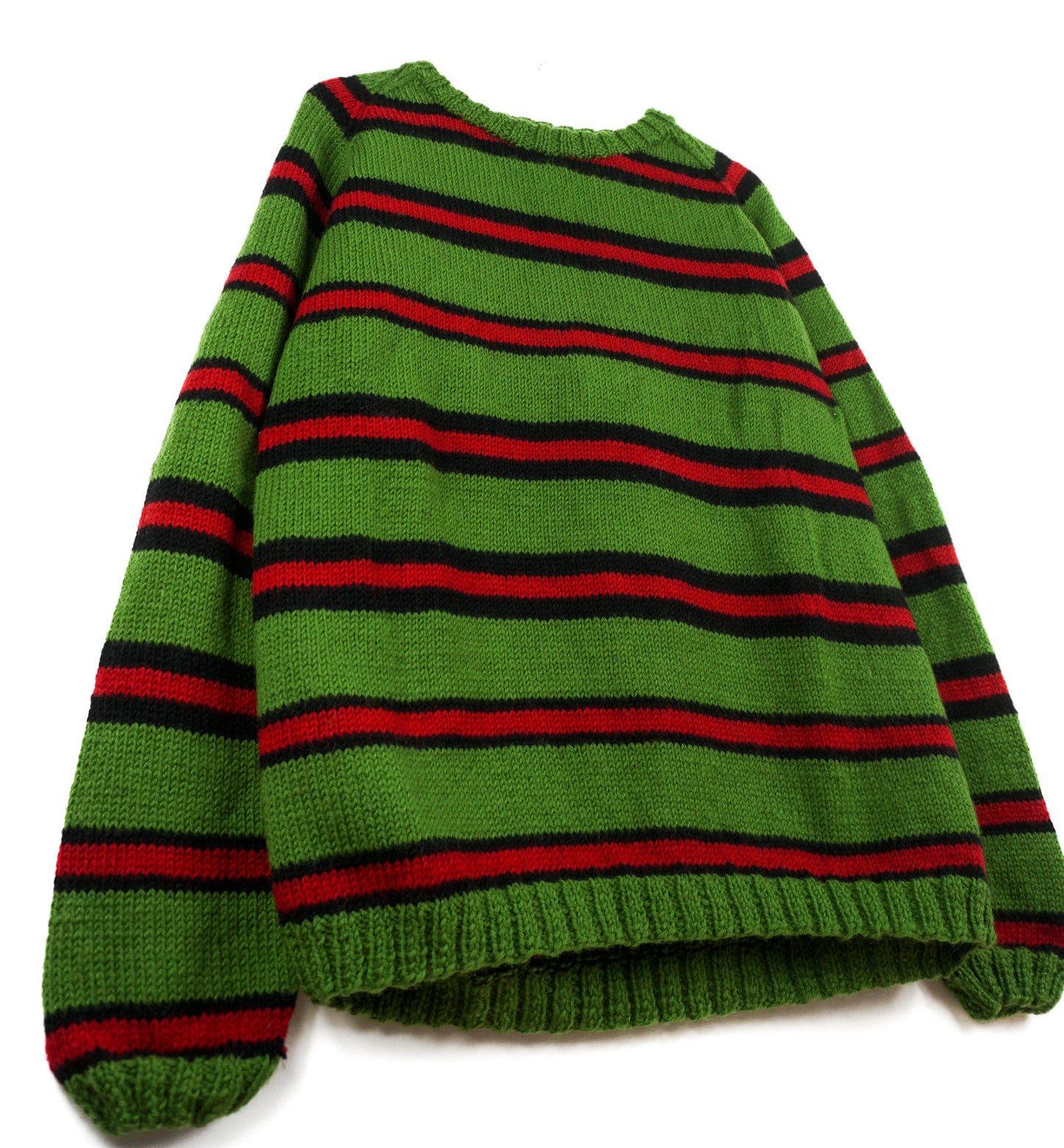 Forest Green Striped Jumper pure wool hand knitted