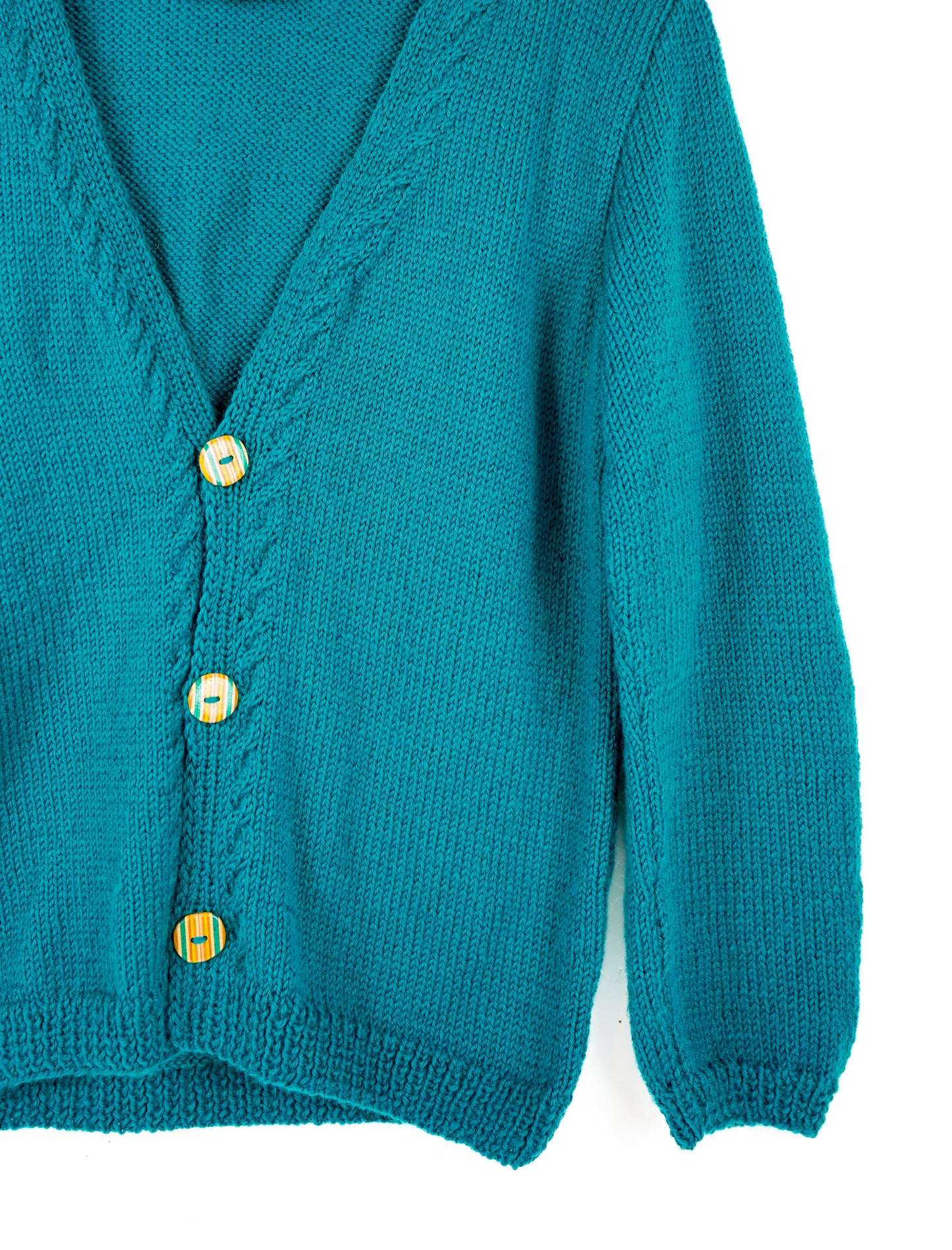 Green Cardigan with hand made buttons, Handmade buttons from recycled skateboards