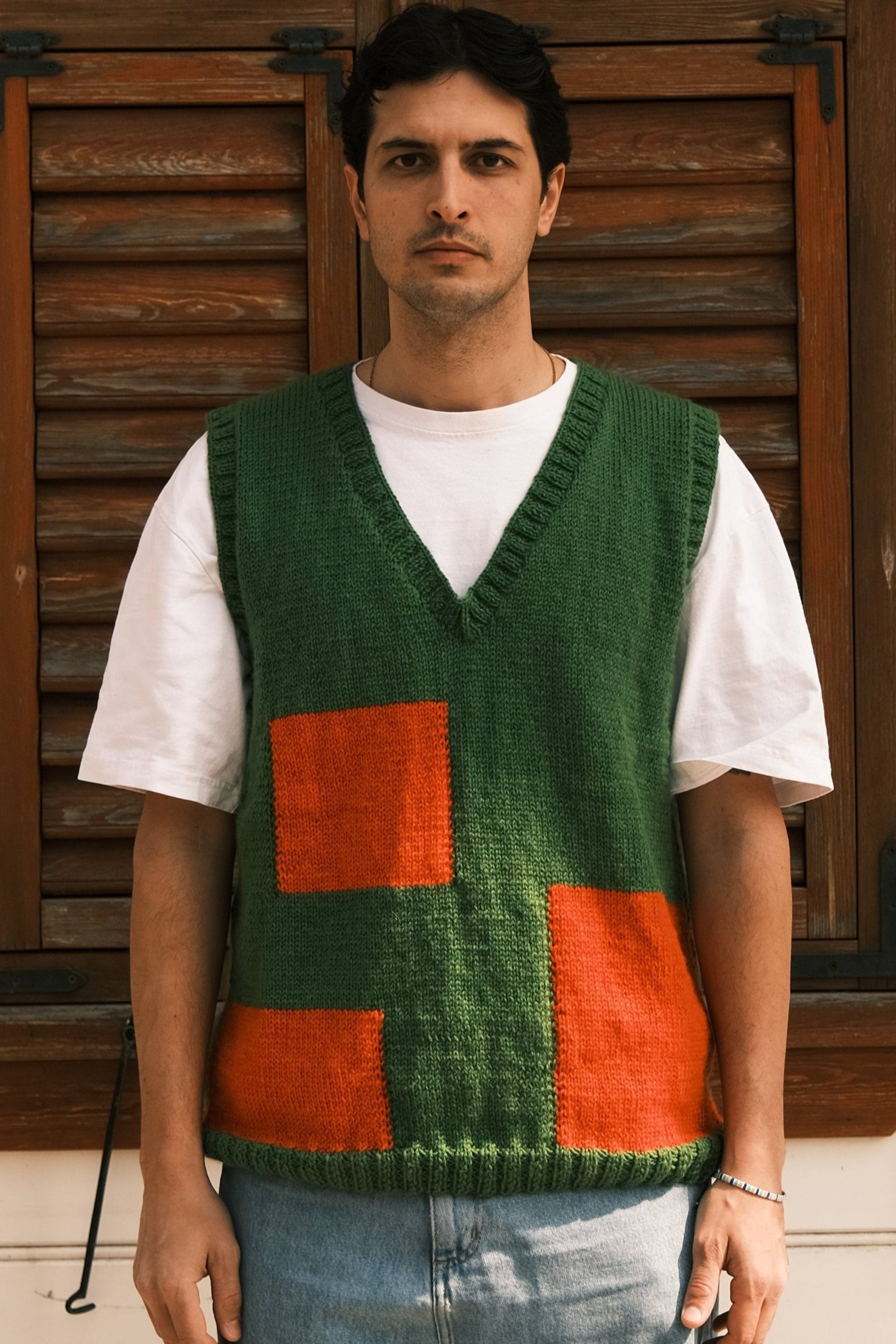 pure wool hand knitted one off Green Sunset Orange Checkered Vest