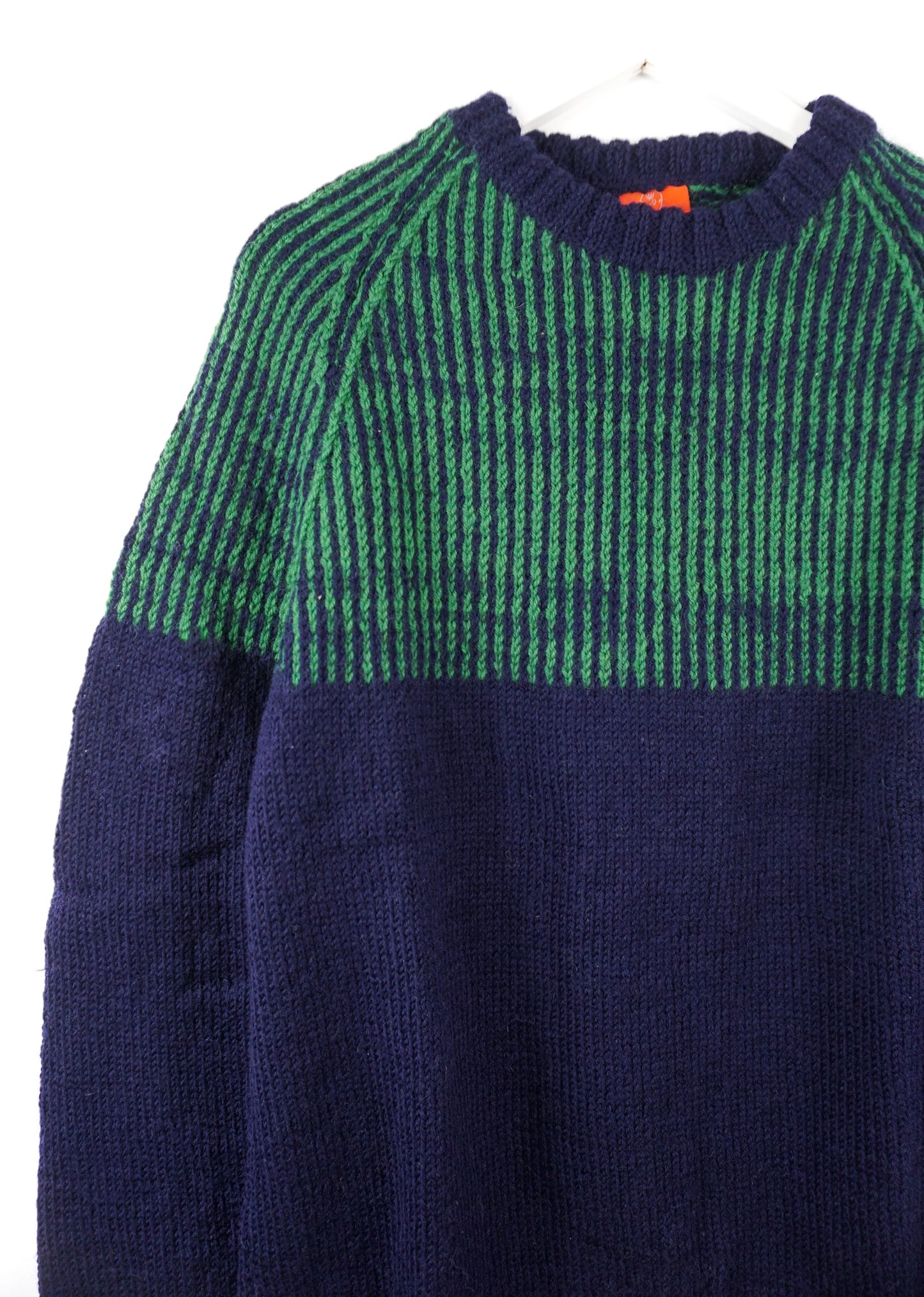 pure wool hand knited one off Green and Navy Blue Jumper