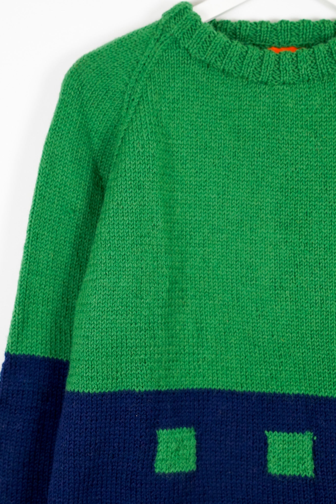 pure wool hand knitted one off Mini Green Boxed Duotone Jumper