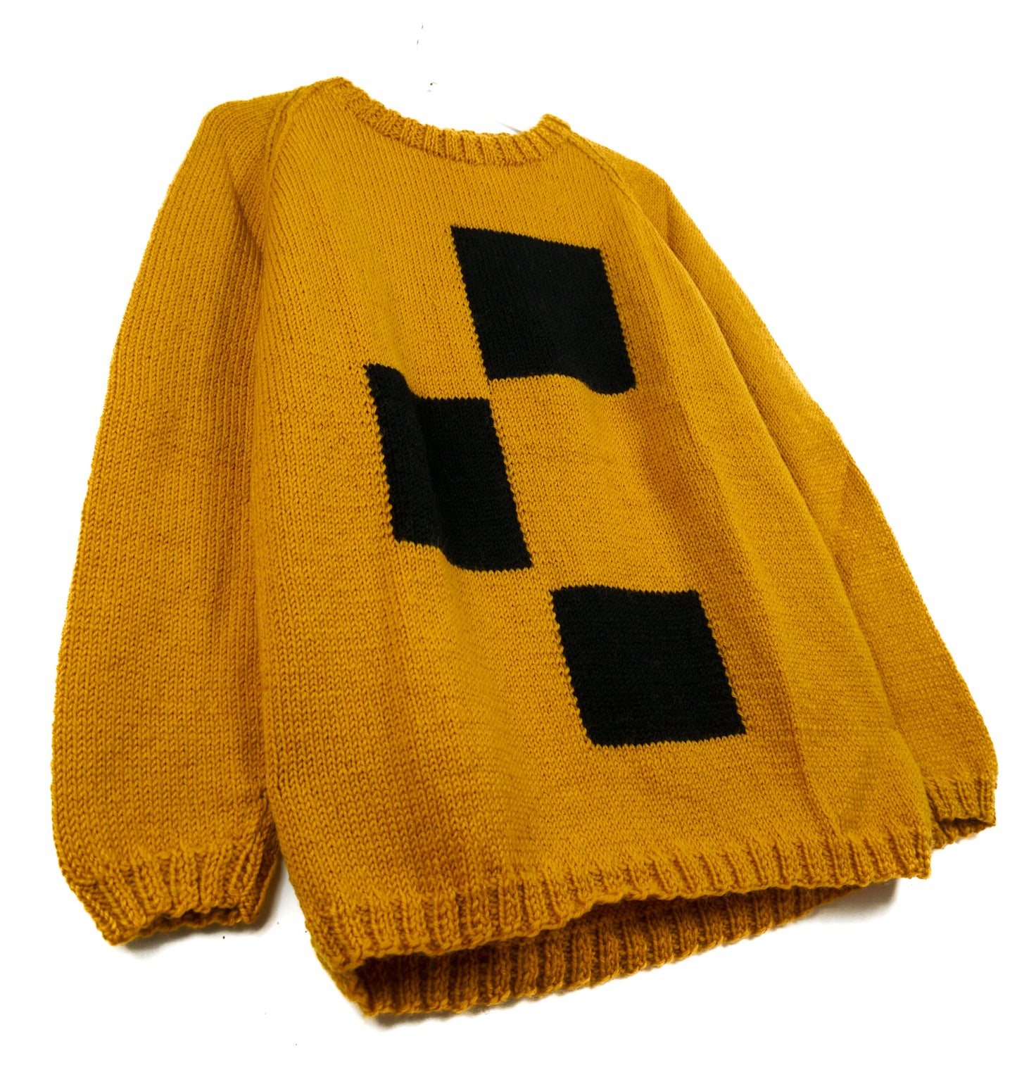 pure wool hand knitted one off Mustard + Black Patched Jumper