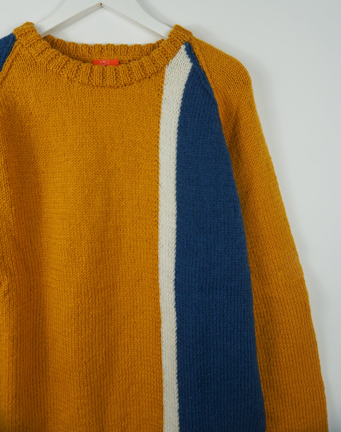 pure wool hand knitted one off Mustard + Blue Jumper