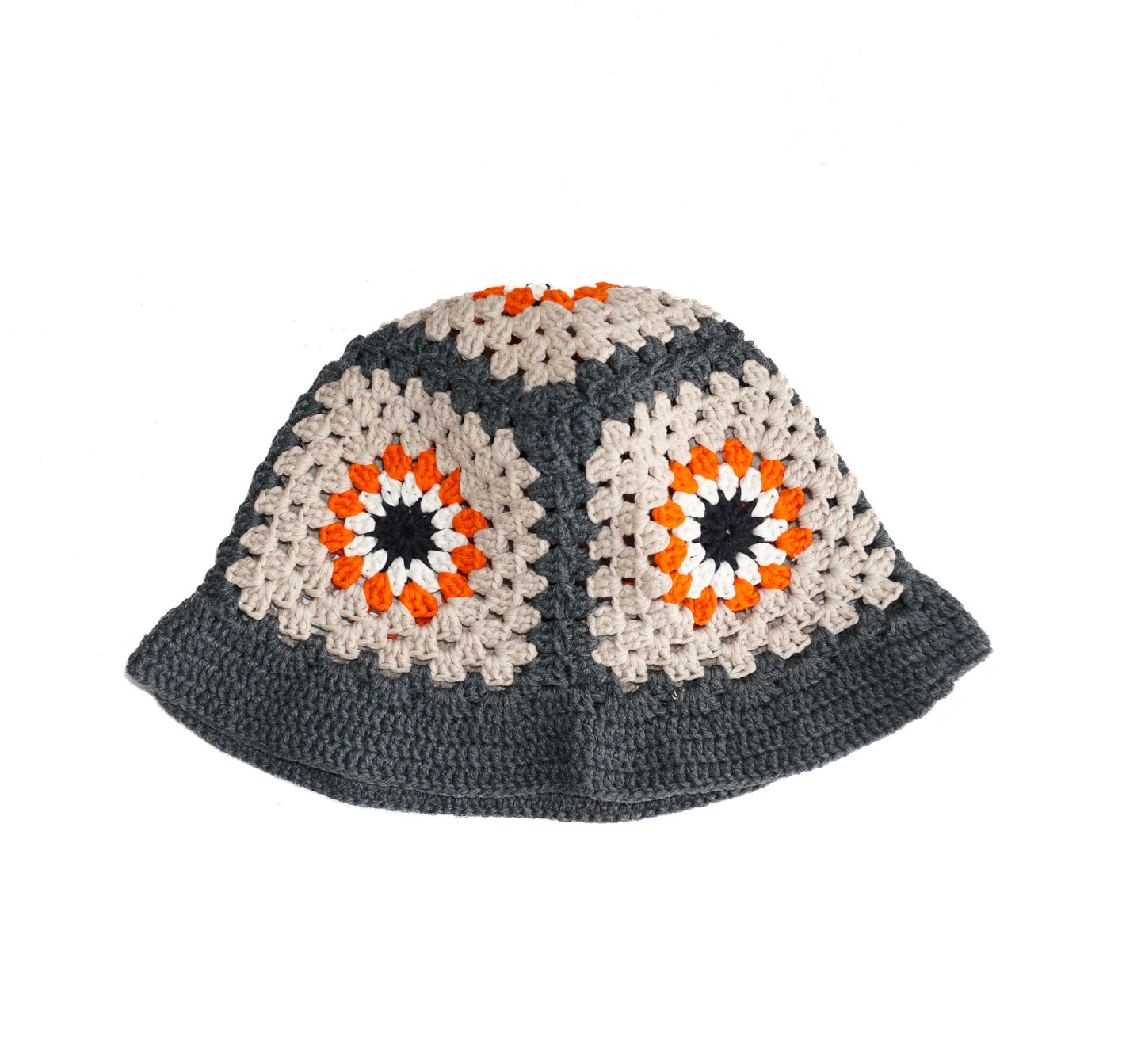 Hand Crochet cotton hat with floral orange patterns on it, Glastonbury fashion, one off cotton hat