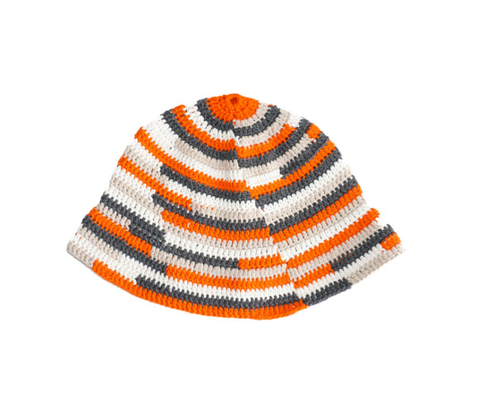 Hand Crochet cotton hat with orange stripes patterns on it, Glastonbury fashion, one off cotton hat