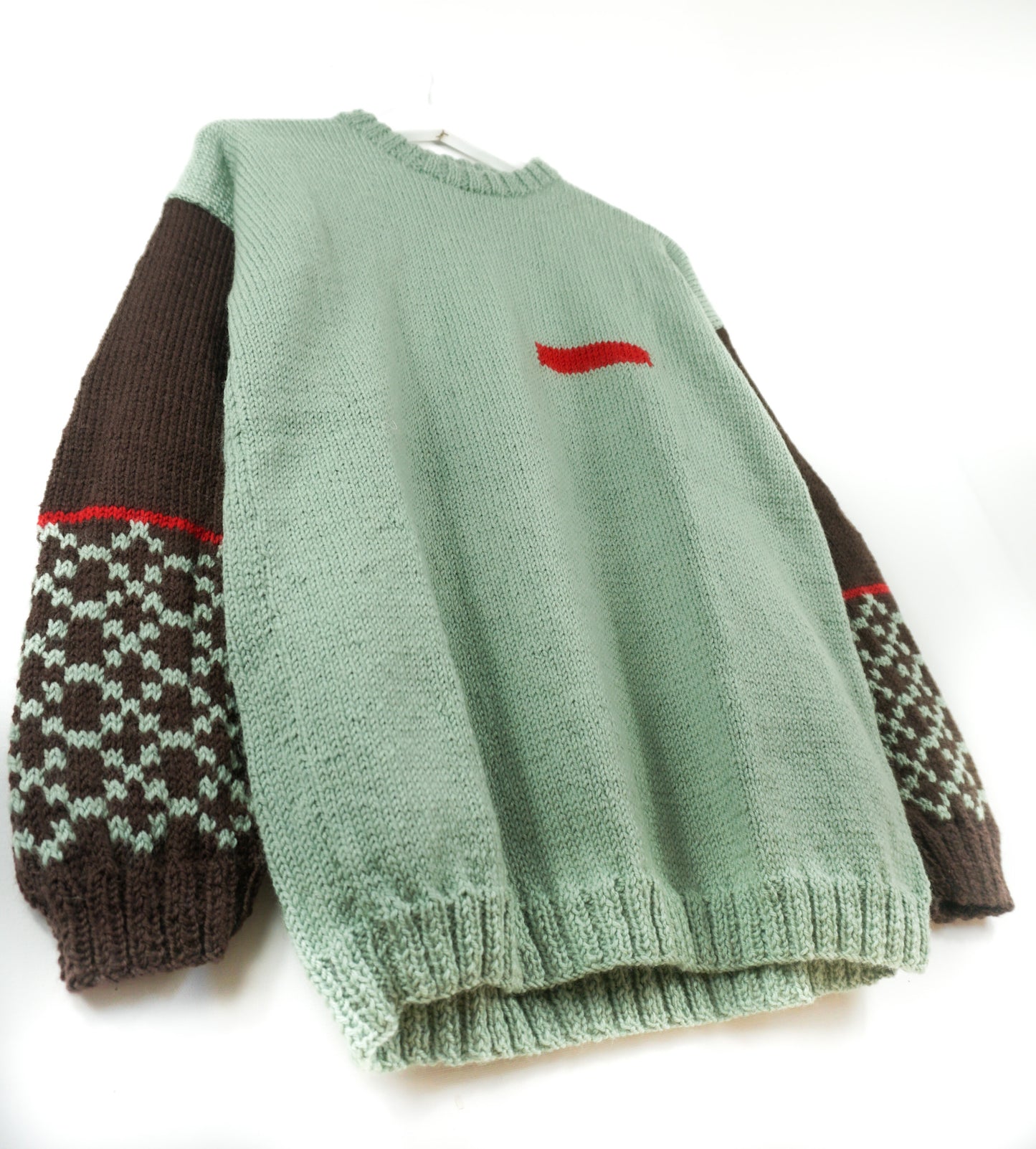 pure wool hand knitted one off Pattern Sleeve Mint Jumper