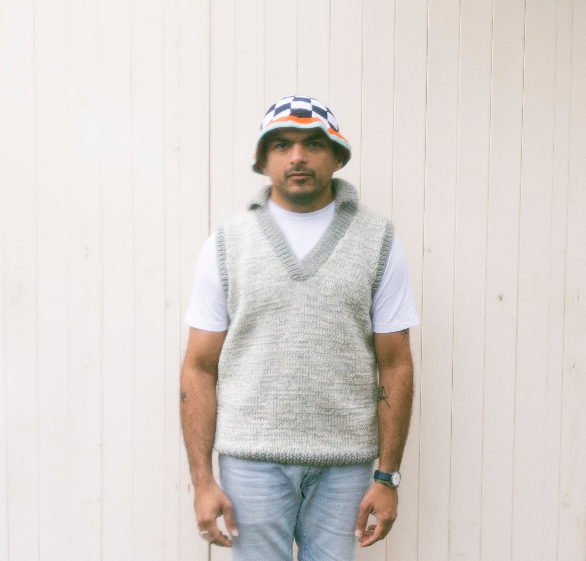 Polo Collar handknitted grey Vest on a model