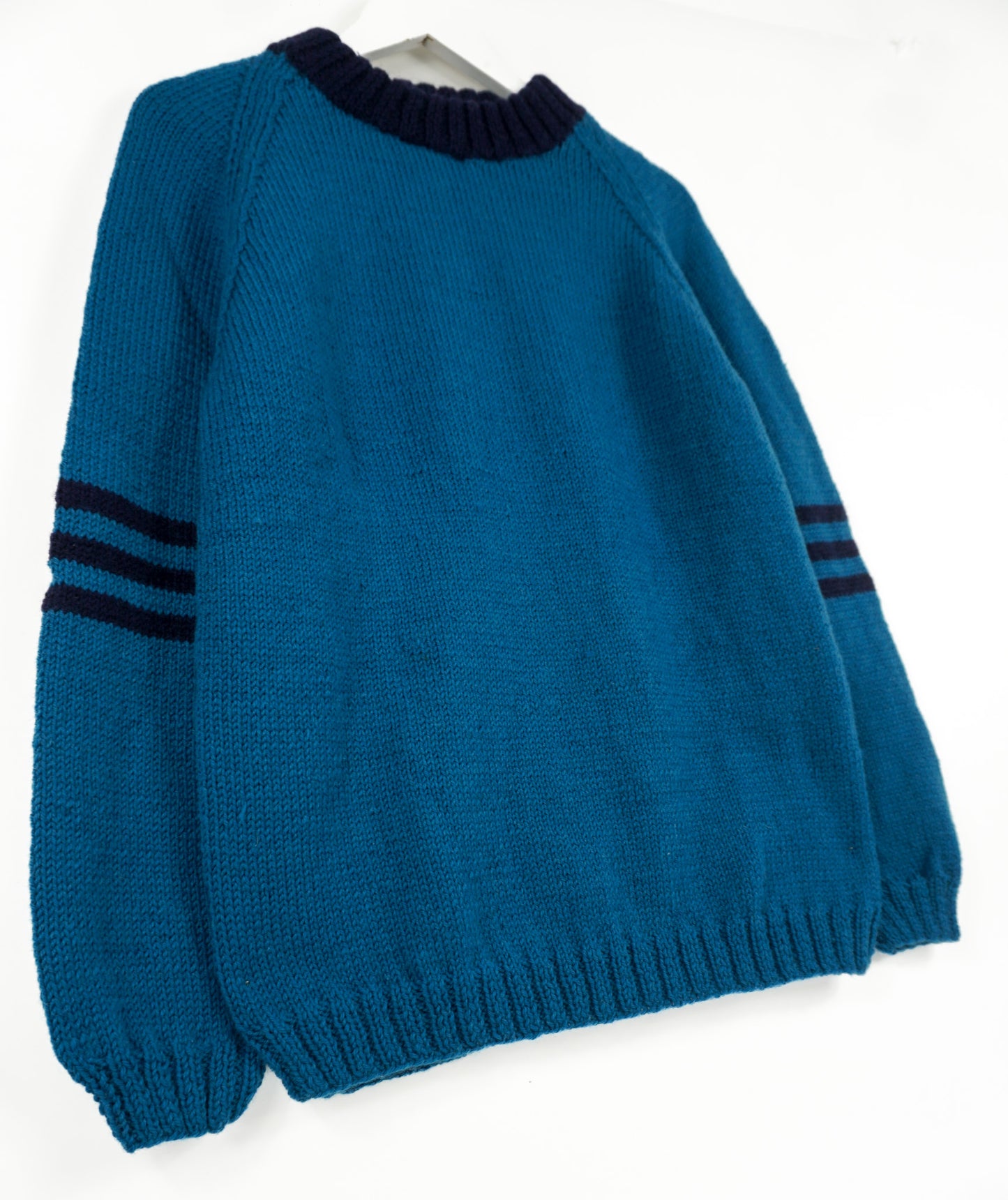 Blue Mock Neck Pure Wool Jumper with dark blue neck, one off design hand knitted from London brand