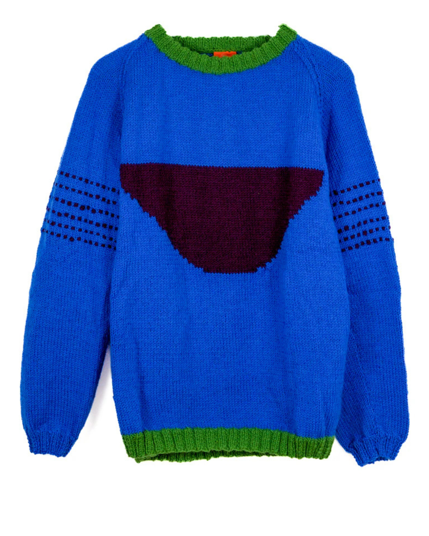 Blue sweater with a red heart design on a white background