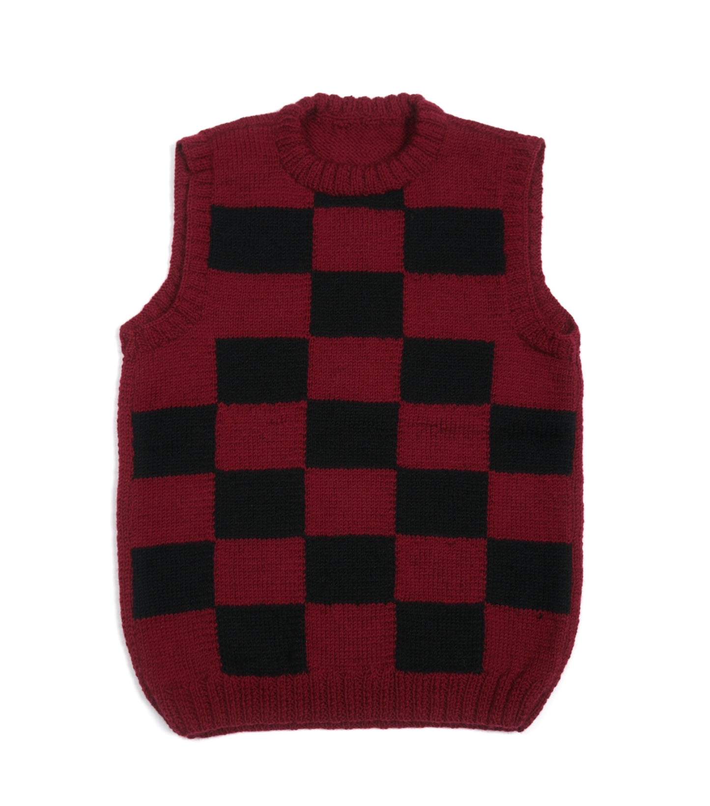 Pure Wool Vest with Burgundy Black Checkered pattern. Hand knitted tank top
