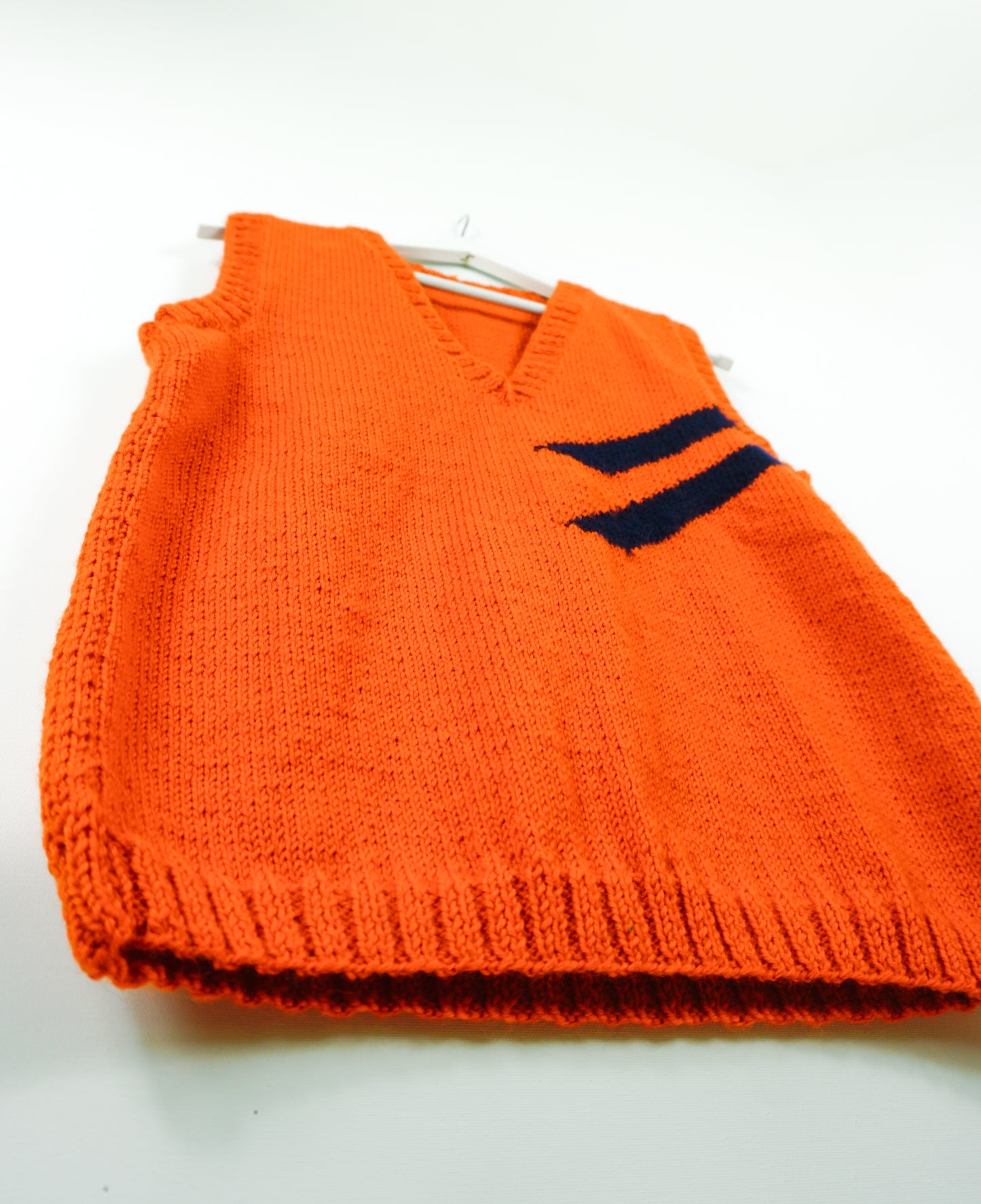 Pure Wool Orange Vest with Stripes, hand knitted and one off