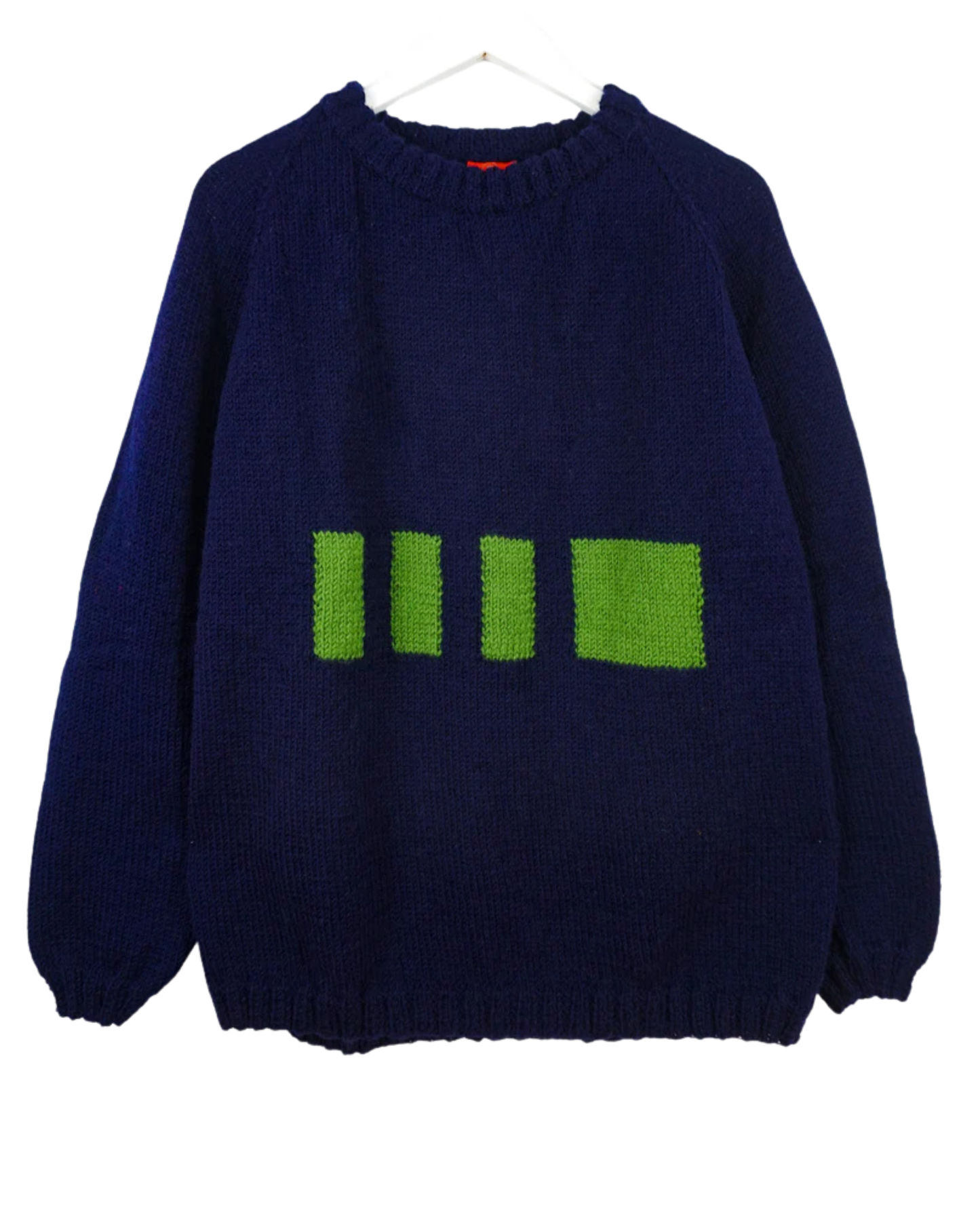 Navy blue sweater with green geometric pattern on a white background
