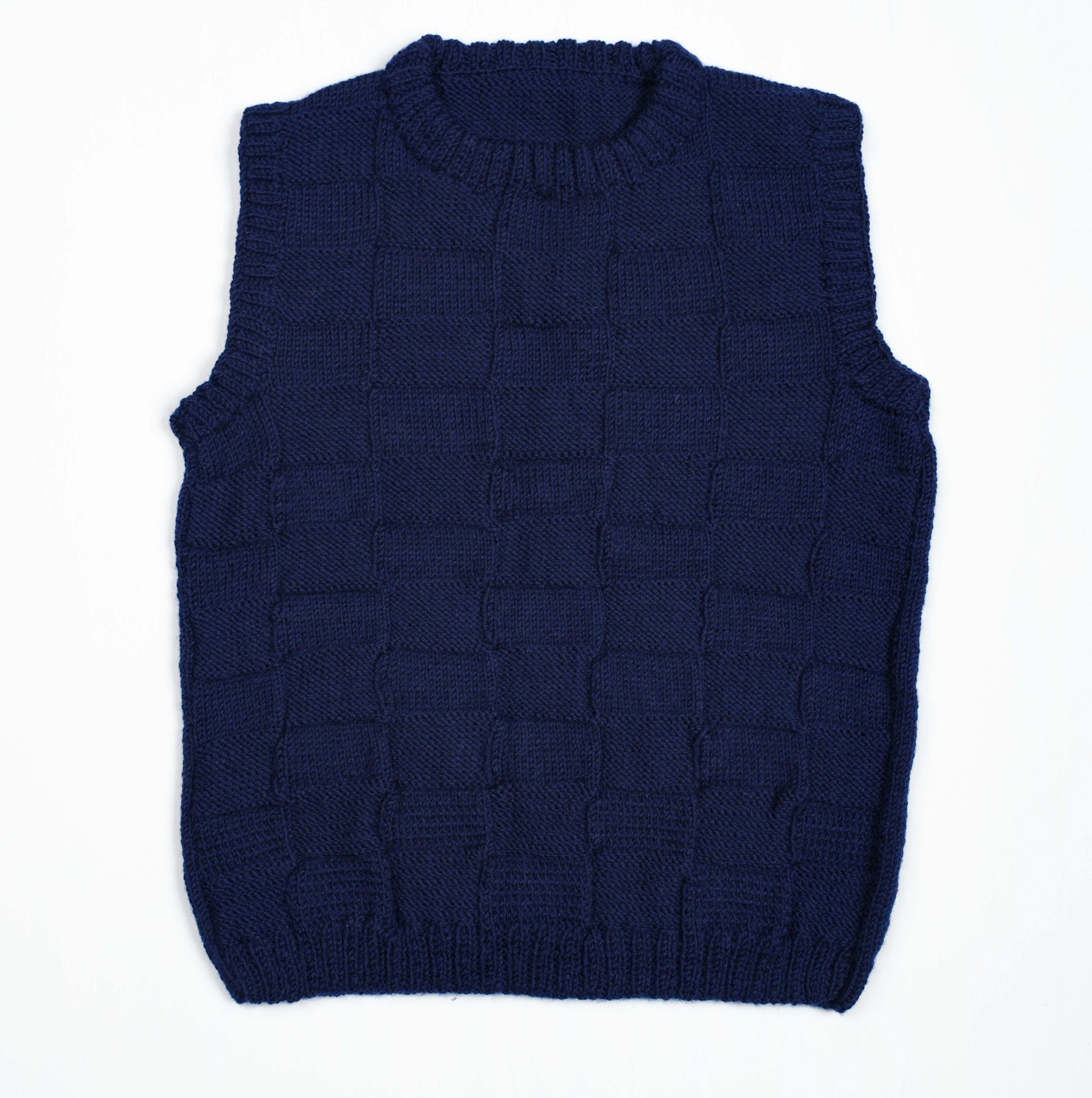 Pure Wool Navy Checkered vest. Hand knitted and medium fit.