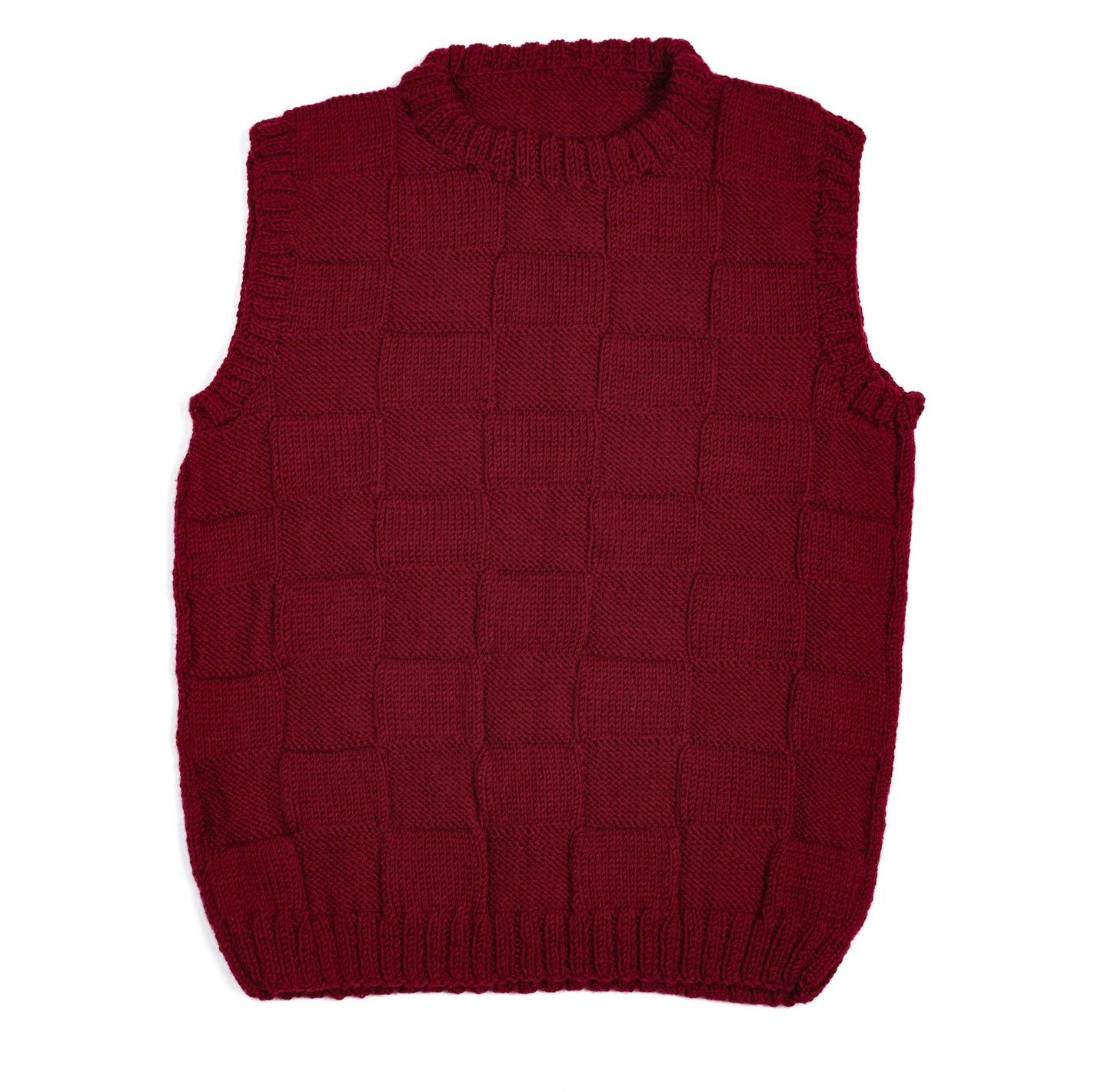 Pure Wool Single Color Checkered Red Vest. Hand knitted and medium fit.