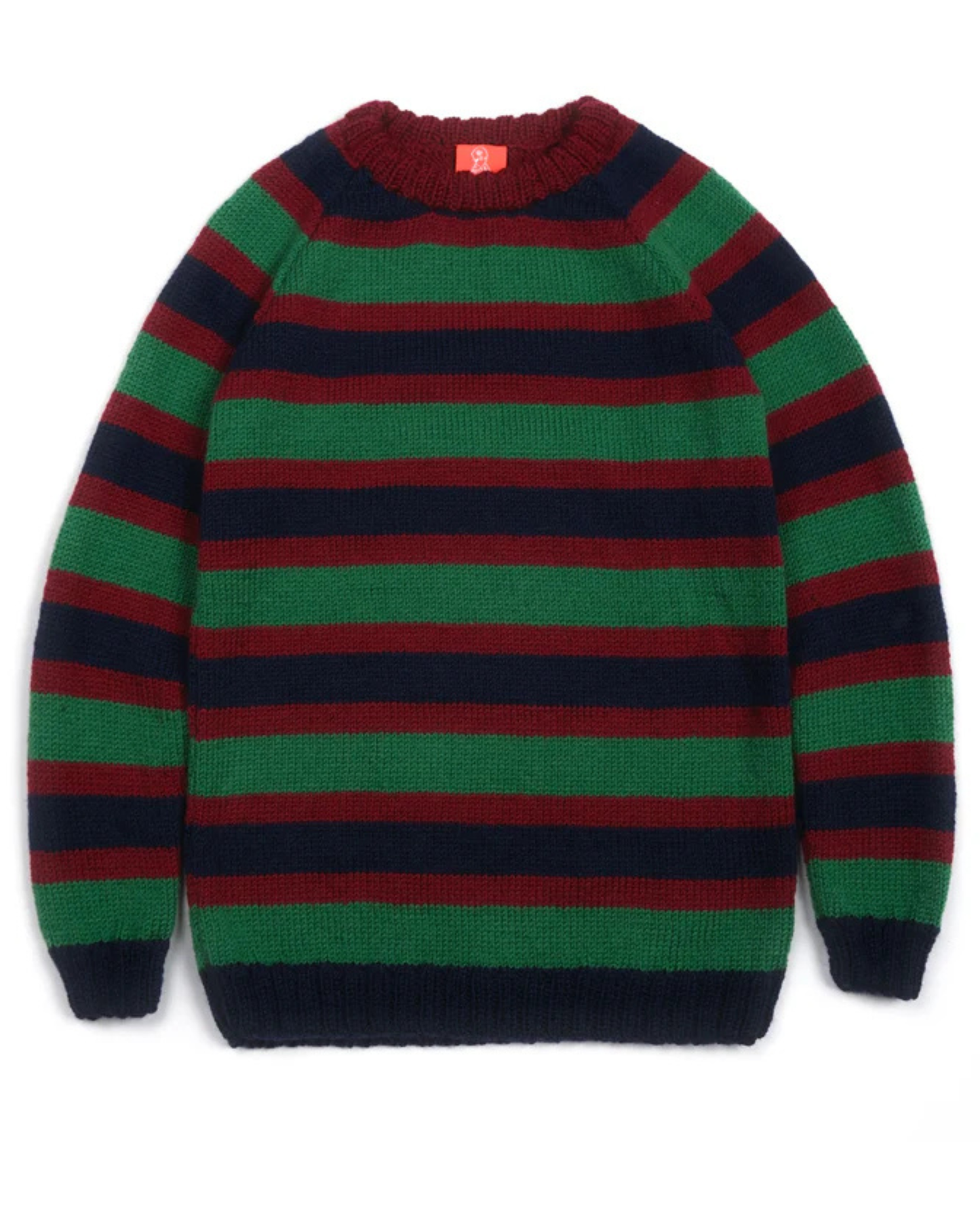 Striped sweater with red, green, and navy colors on a white background