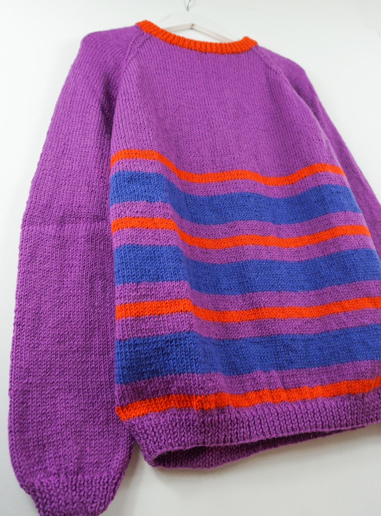 pure wool hand knitted one off Purple + Orange Crewneck Jumper
