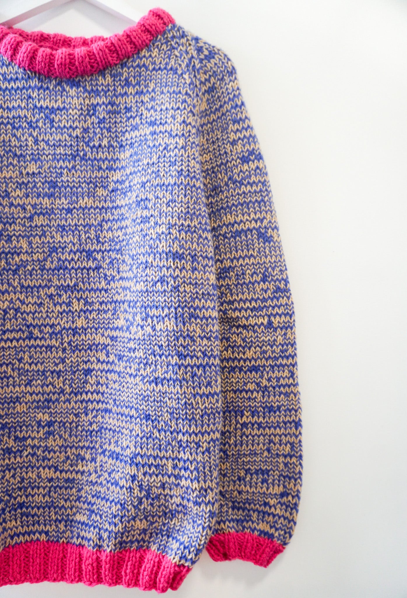 pure wool hand knitted one off Raspberry Blue Mixed Jumper