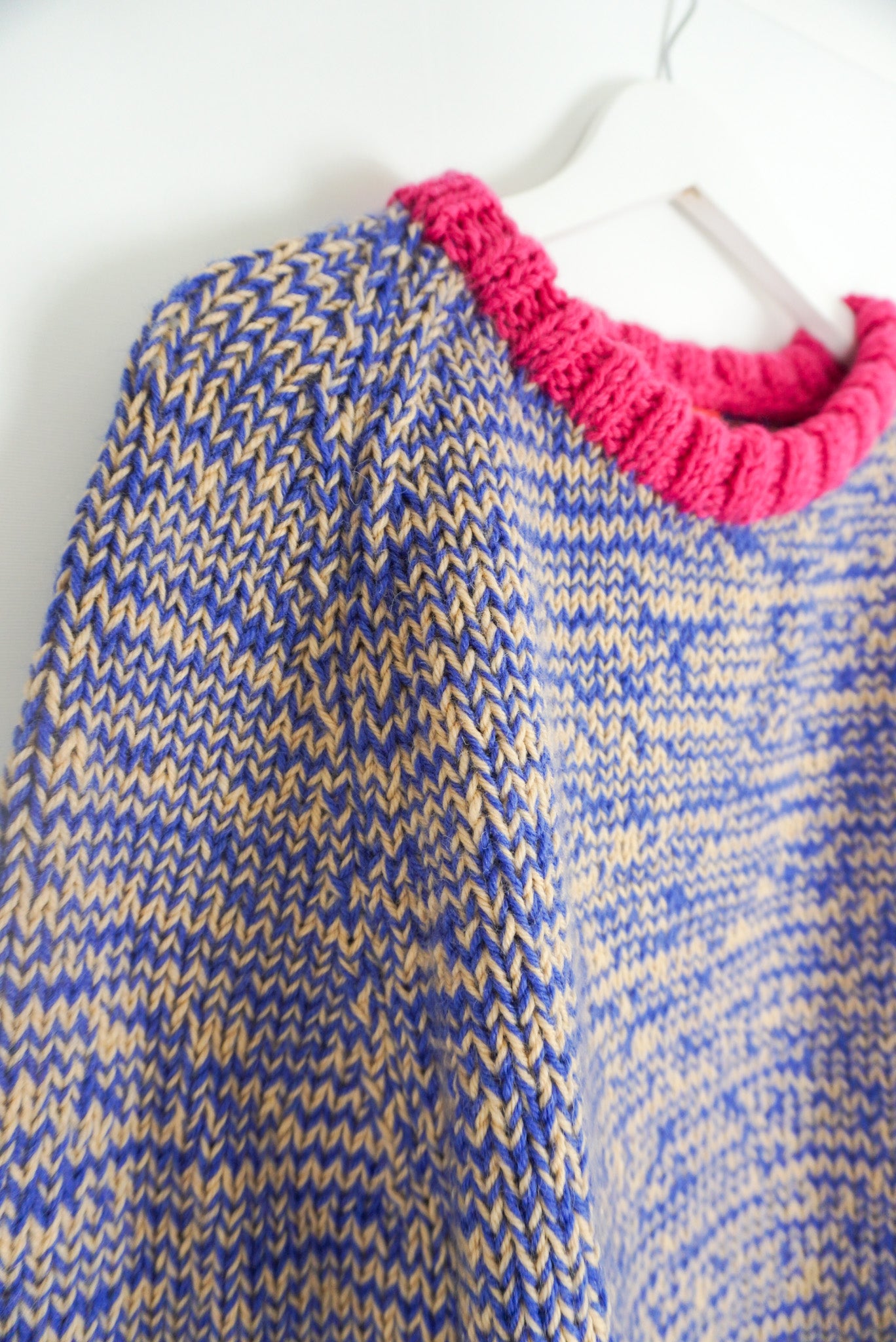 pure wool hand knitted one off Raspberry Blue Mixed Jumper