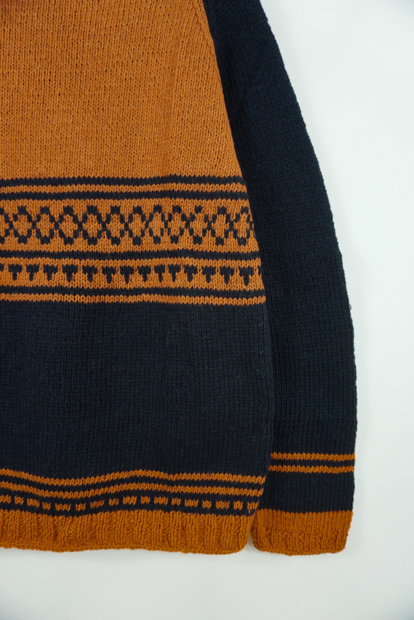 pure wool hand knitted one off Terracotta Dark Navy Patterned Jumper 4