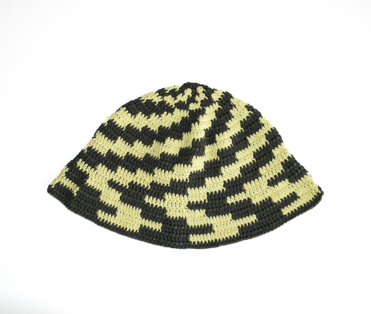 Hand Crochet cotton hat with yellow checkered stripes patterns on it, Glastonbury fashion, one off cotton hat