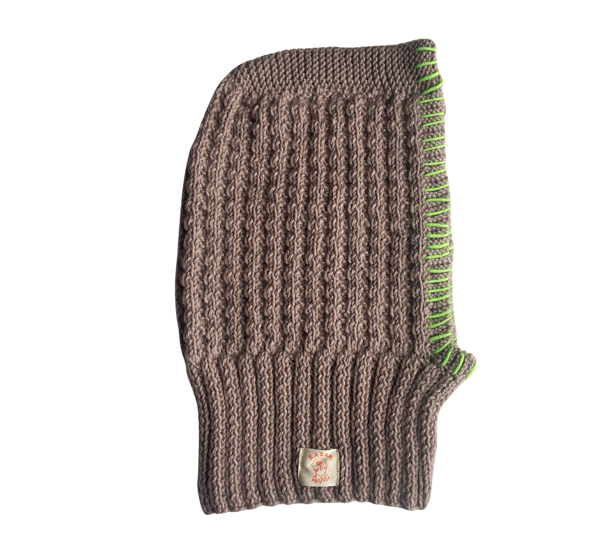 Jade Edge Balaclava, one-off hand-knitted balaclava by Kazak Woolies