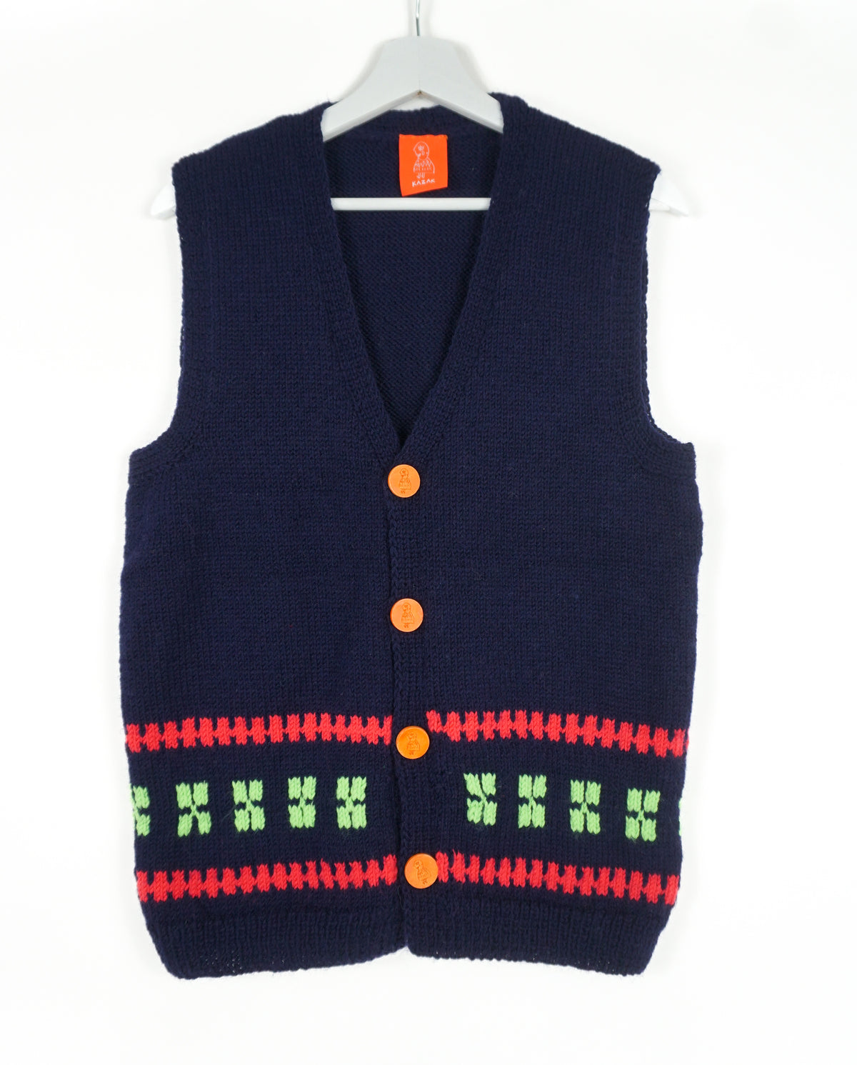 Logo Buttoned Sleeveless Cardigan, one-off hand-knitted sleeveless cardigan by Kazak Woolies