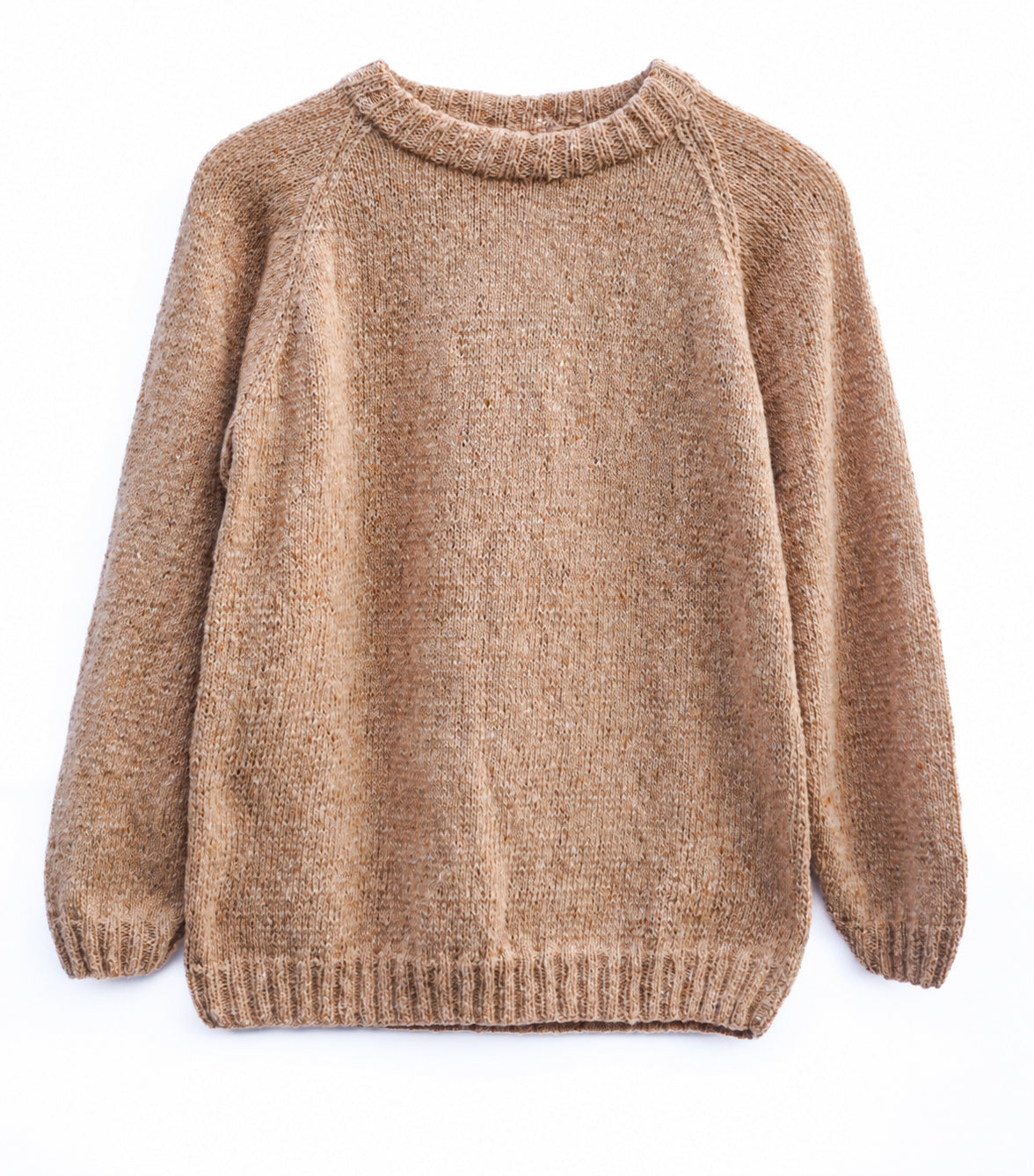 A textured knit crewneck sweater in a warm camel brown color, laid flat against a solid white background.