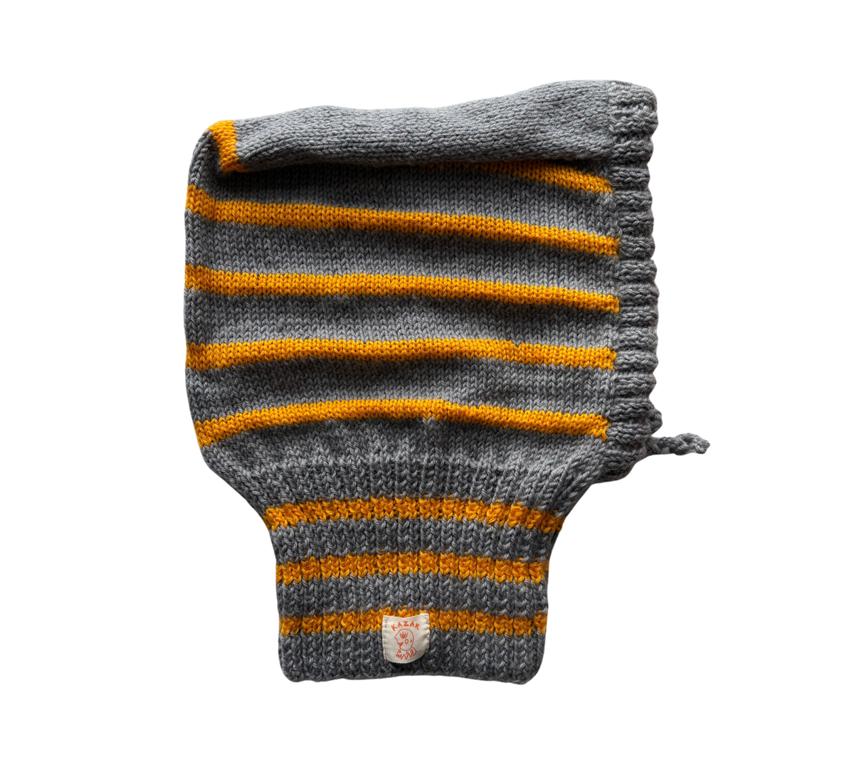 Mustard Stripe Balaclava, one-off hand-knitted balaclava by Kazak Woolies