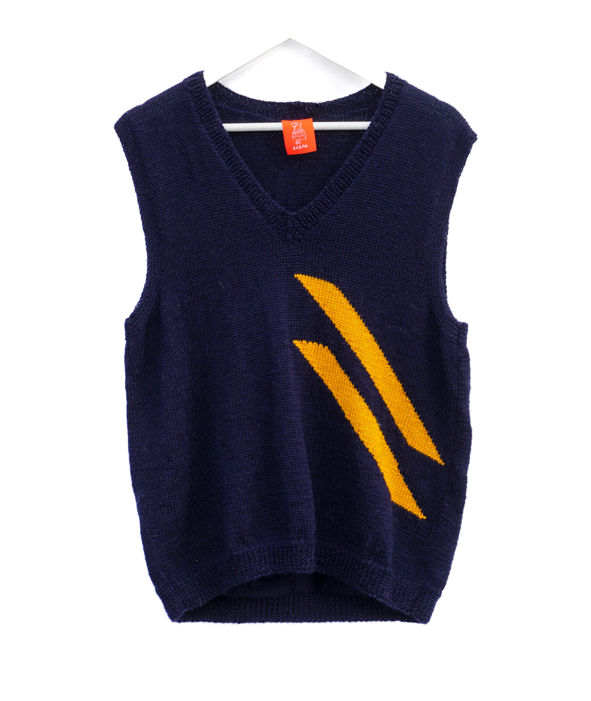 A navy blue knit sweater vest with a V-neck and two diagonal yellow stripes on the front, hanging on a white hanger against a white background.